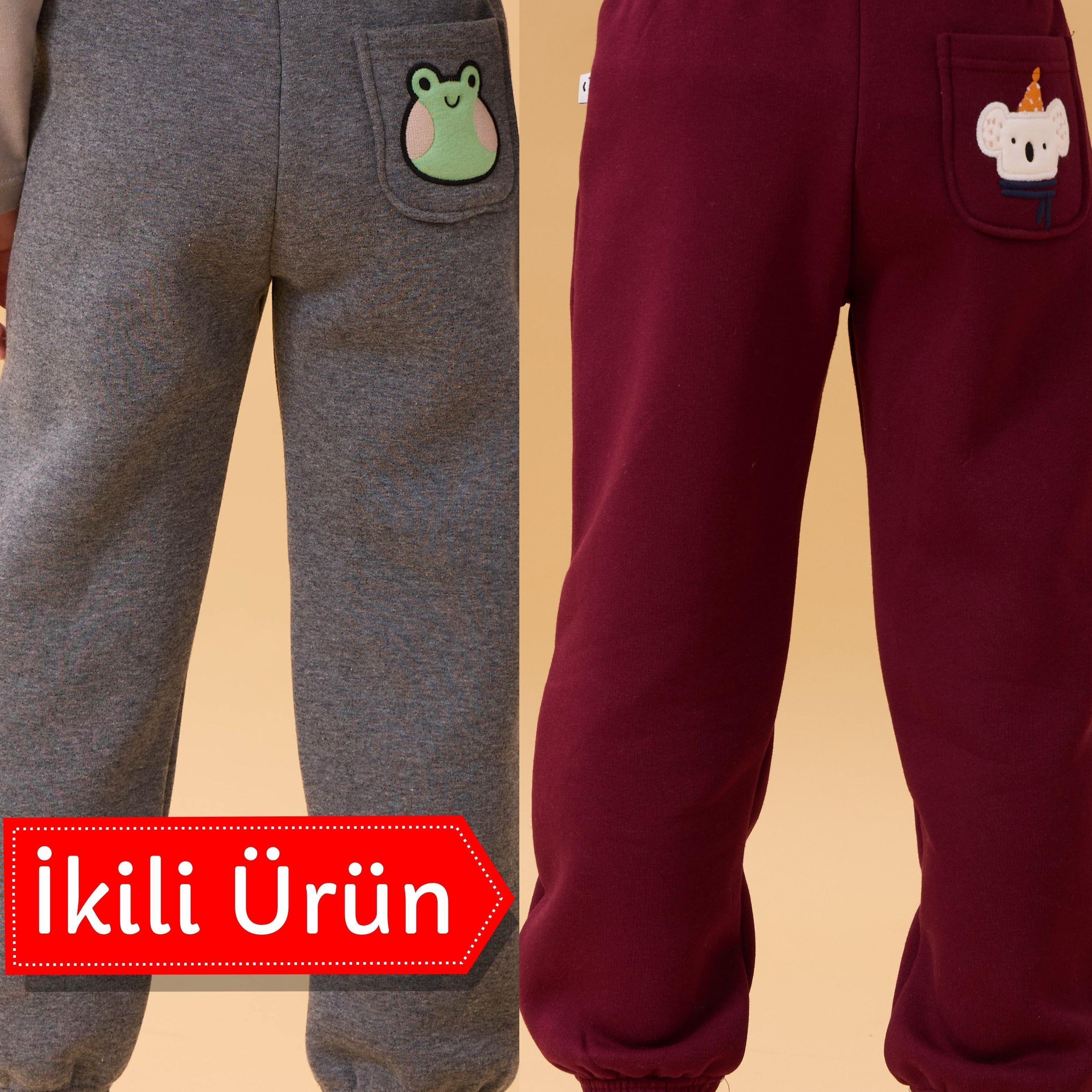 Erkek Çocuk Cep Nakışlı Sevimli Hayvanlar 2'li Eşofman Altı