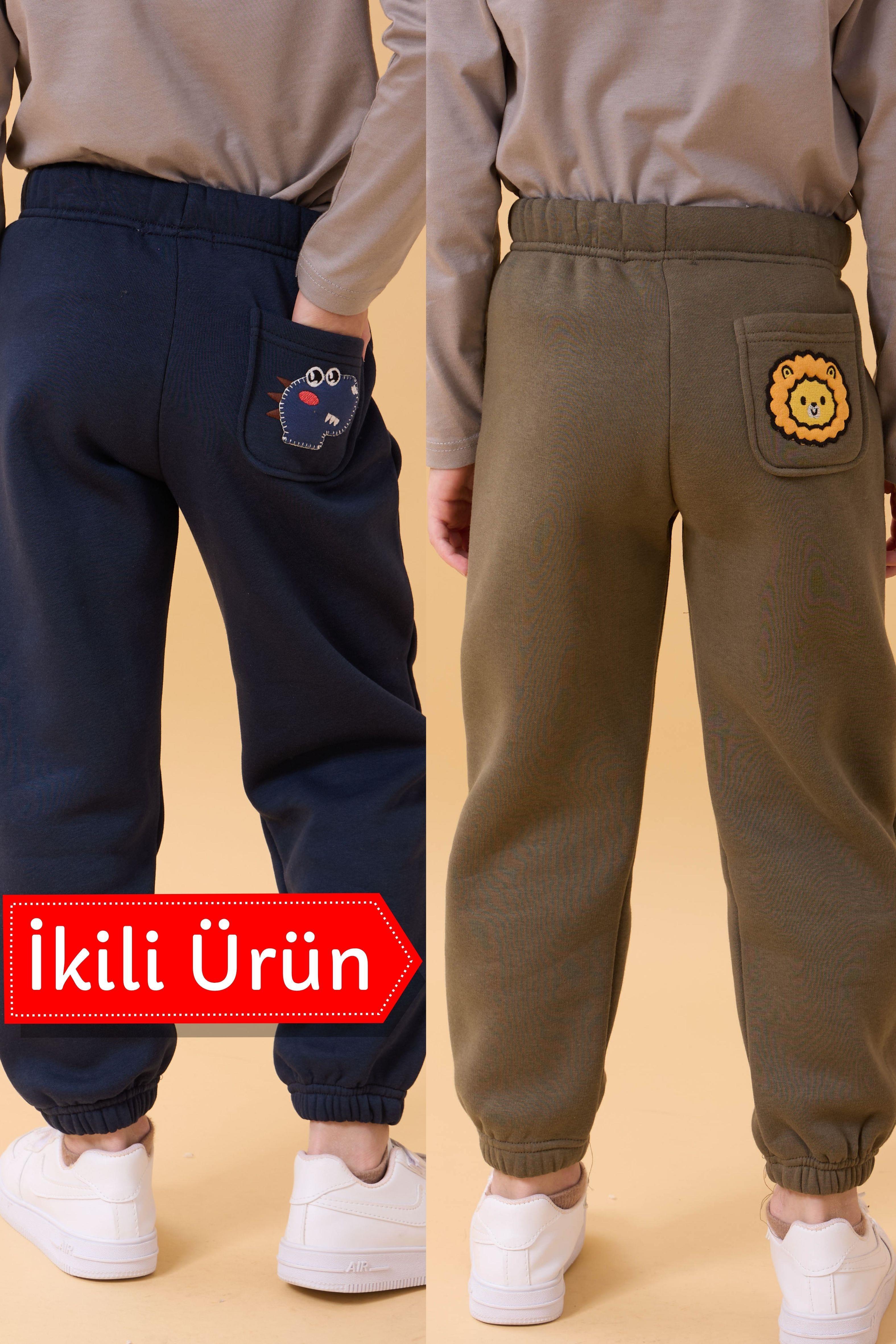 Erkek Çocuk Cep Nakışlı Sevimli Hayvanlar 2'li Eşofman Altı