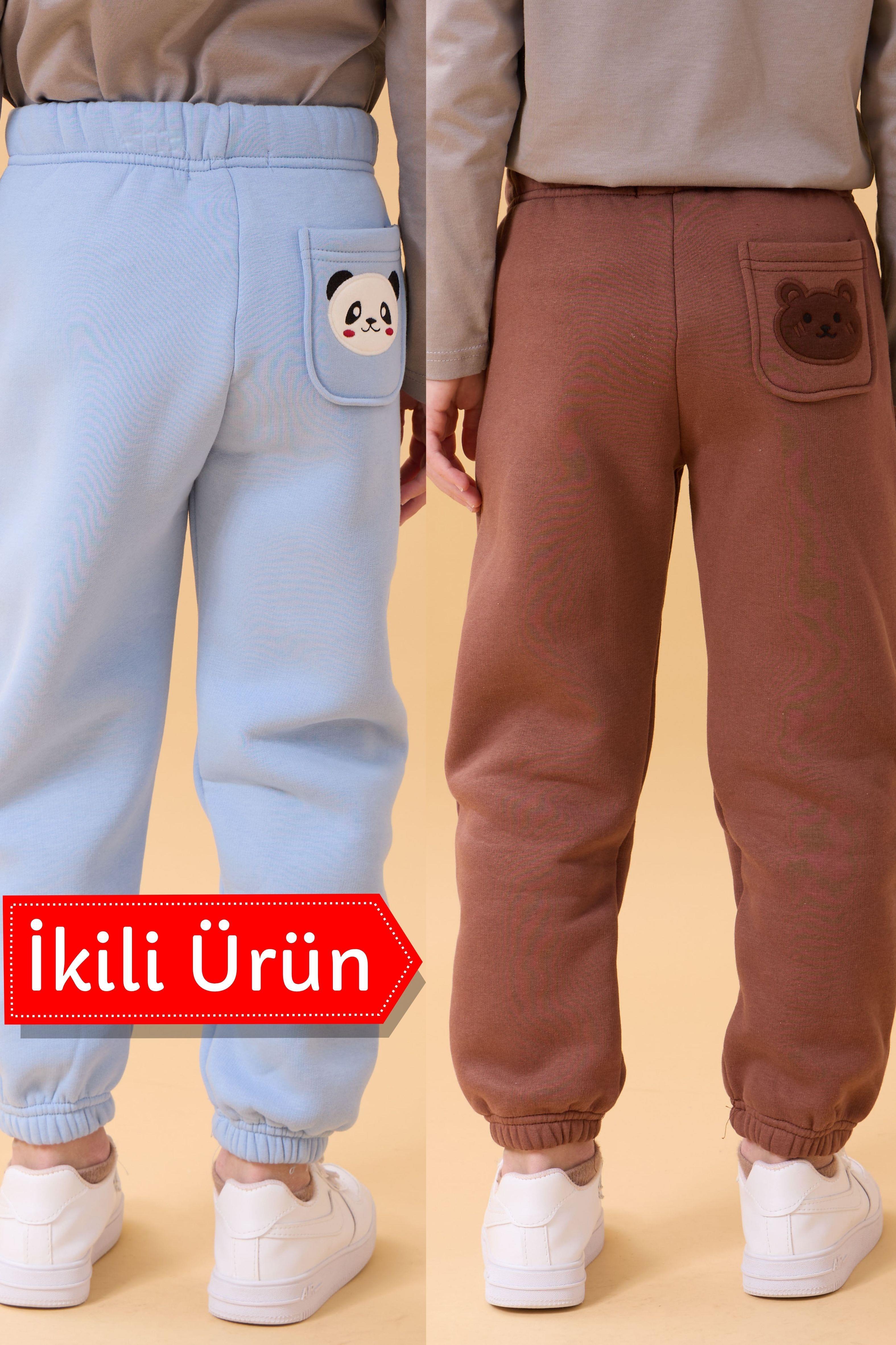 Erkek Çocuk Cep Nakışlı Sevimli Hayvanlar 2'li Eşofman Altı