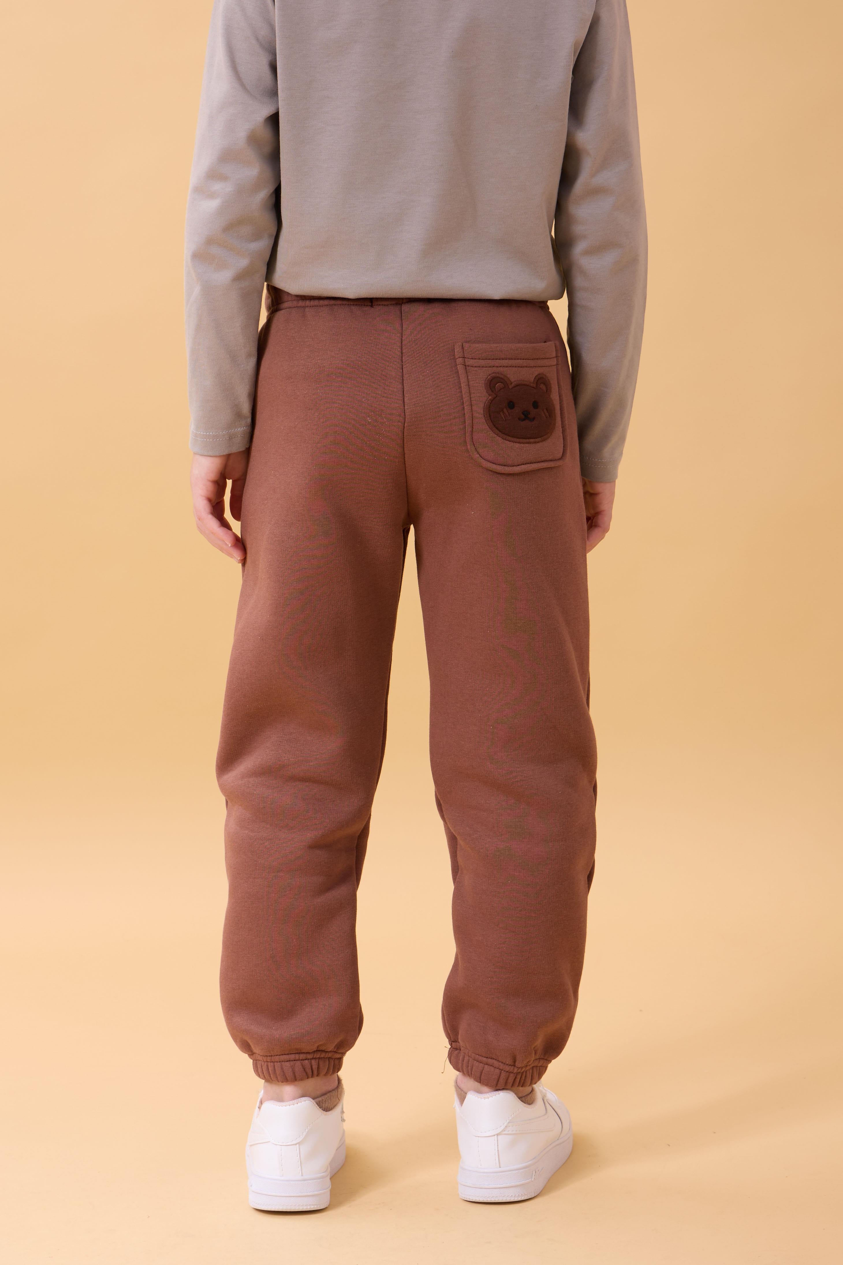 Erkek Çocuk Cep Nakışlı Ayıcık ve Panda 2'li Eşofman Altı Kahverengi-Bebe Mavisi