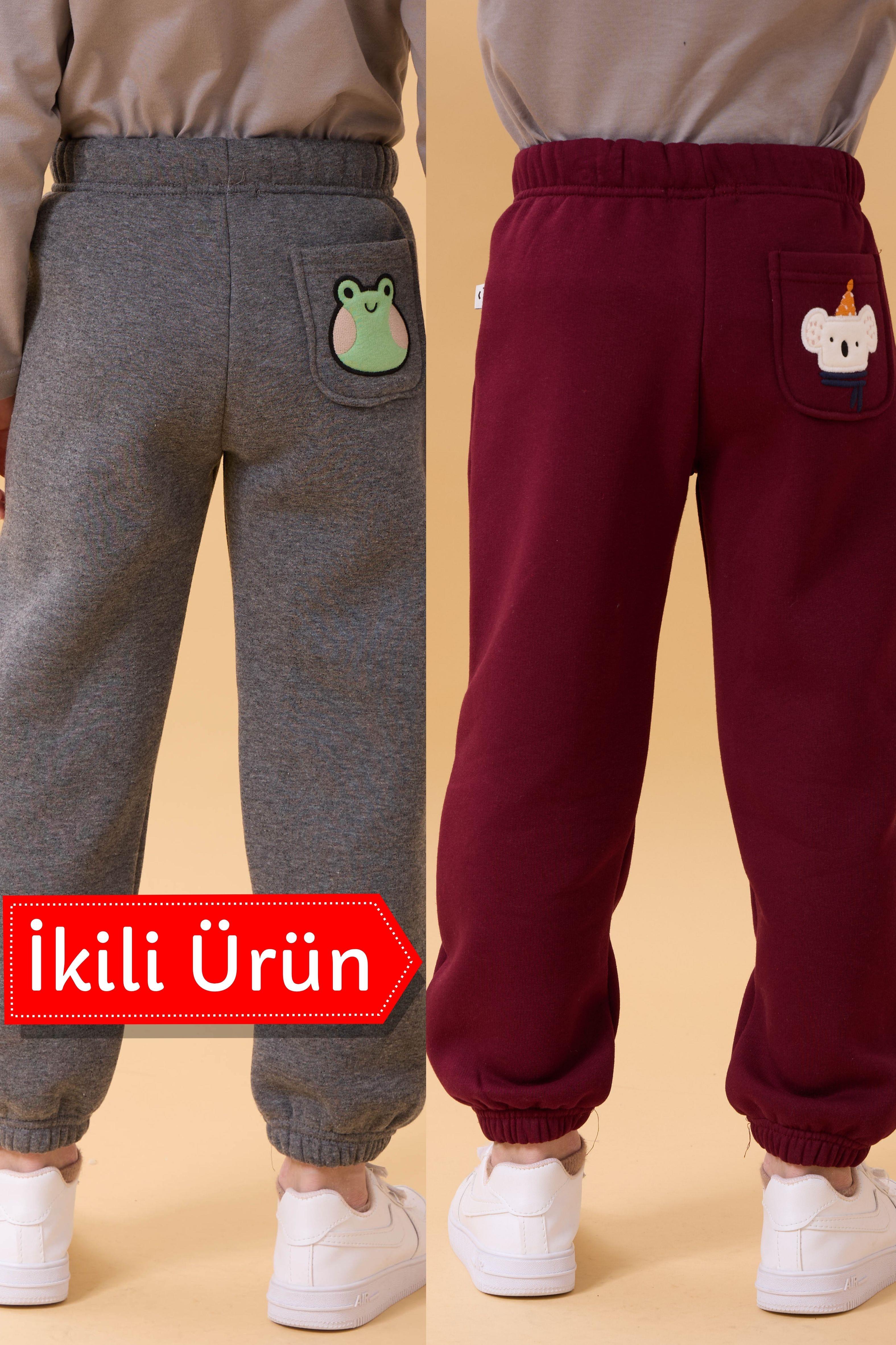 Erkek Çocuk Cep Nakışlı Kurbağa ve Koala 2'li Eşofman Altı Bordo-Antrasit