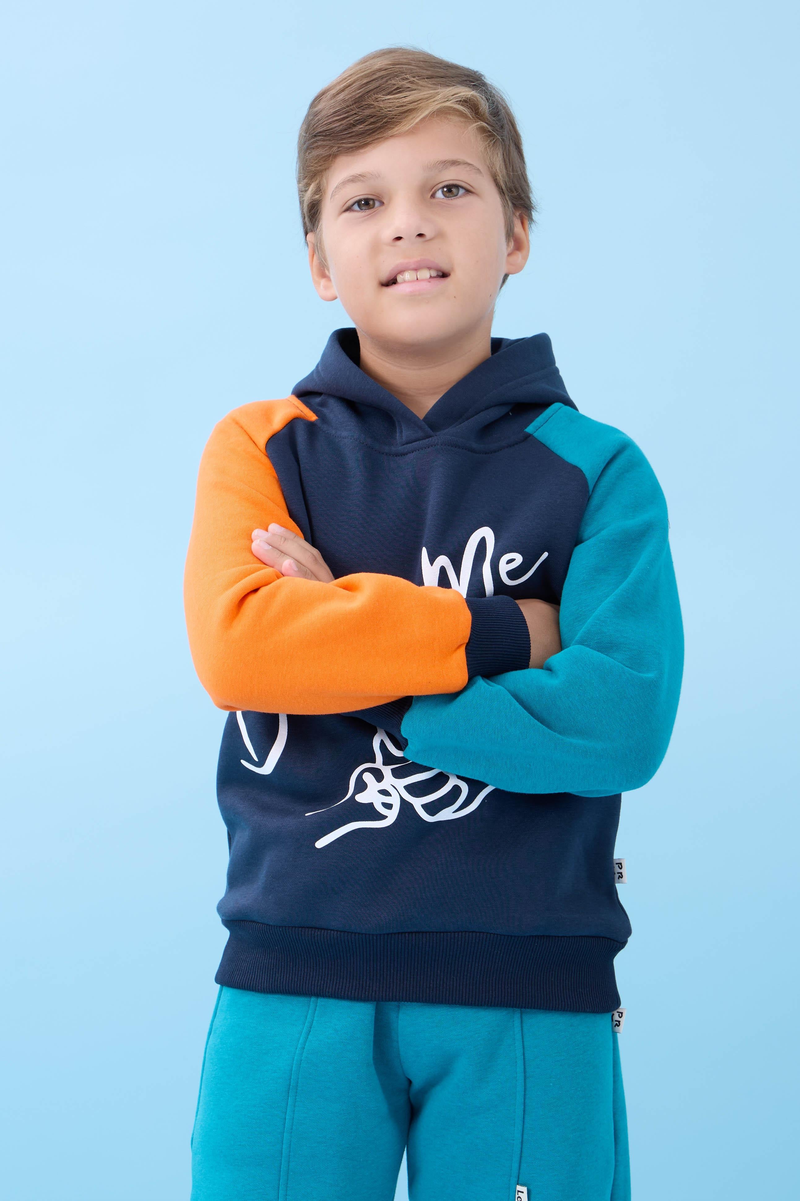 Erkek Çocuk Dad+Me Baskılı Kışlık Kapüşonlu İçi Polarlı Sweatshirt