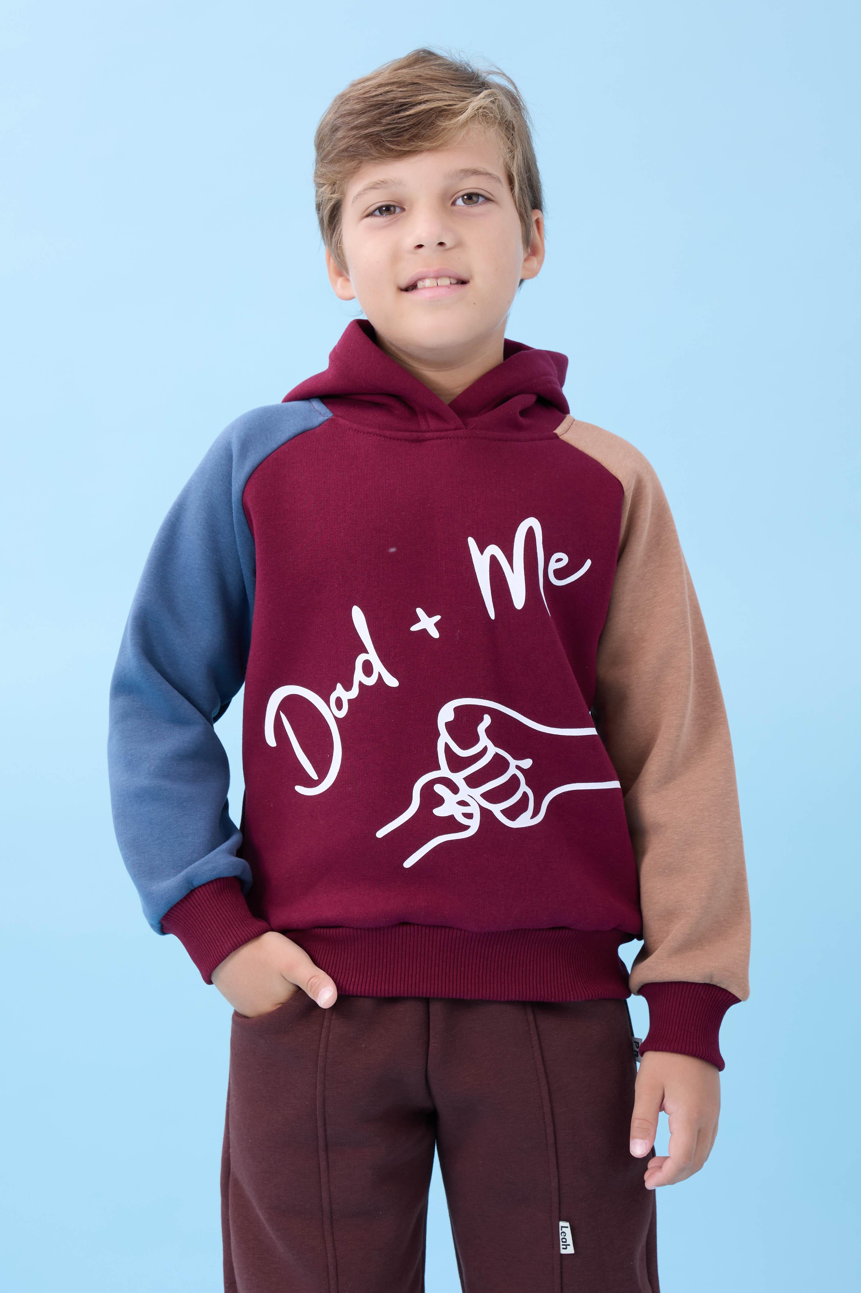 Erkek Çocuk Dad+Me Baskılı Kışlık Kapüşonlu İçi Polarlı Sweatshirt – Bordo