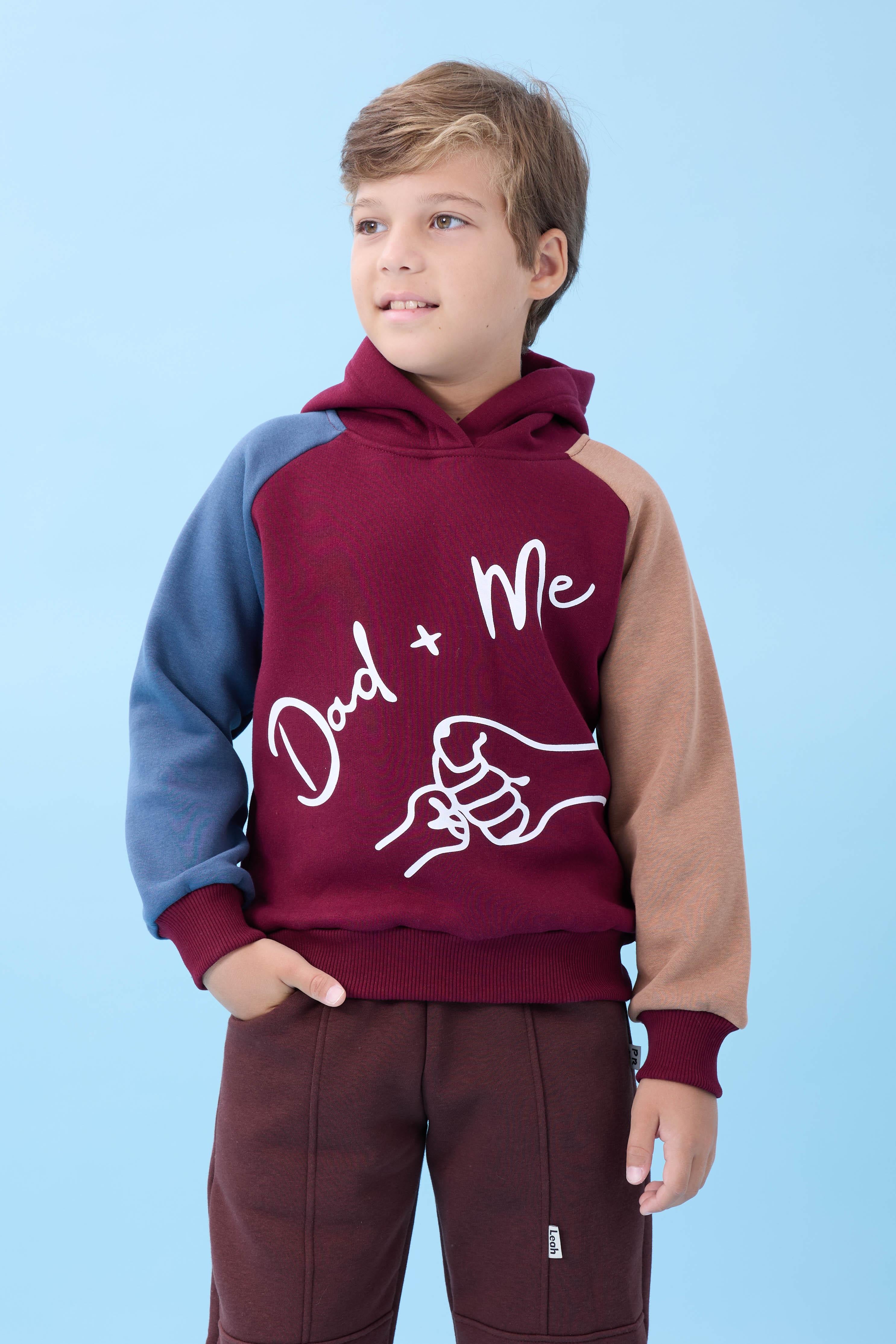 Erkek Çocuk Dad+Me Baskılı Kışlık Kapüşonlu İçi Polarlı Sweatshirt – Bordo