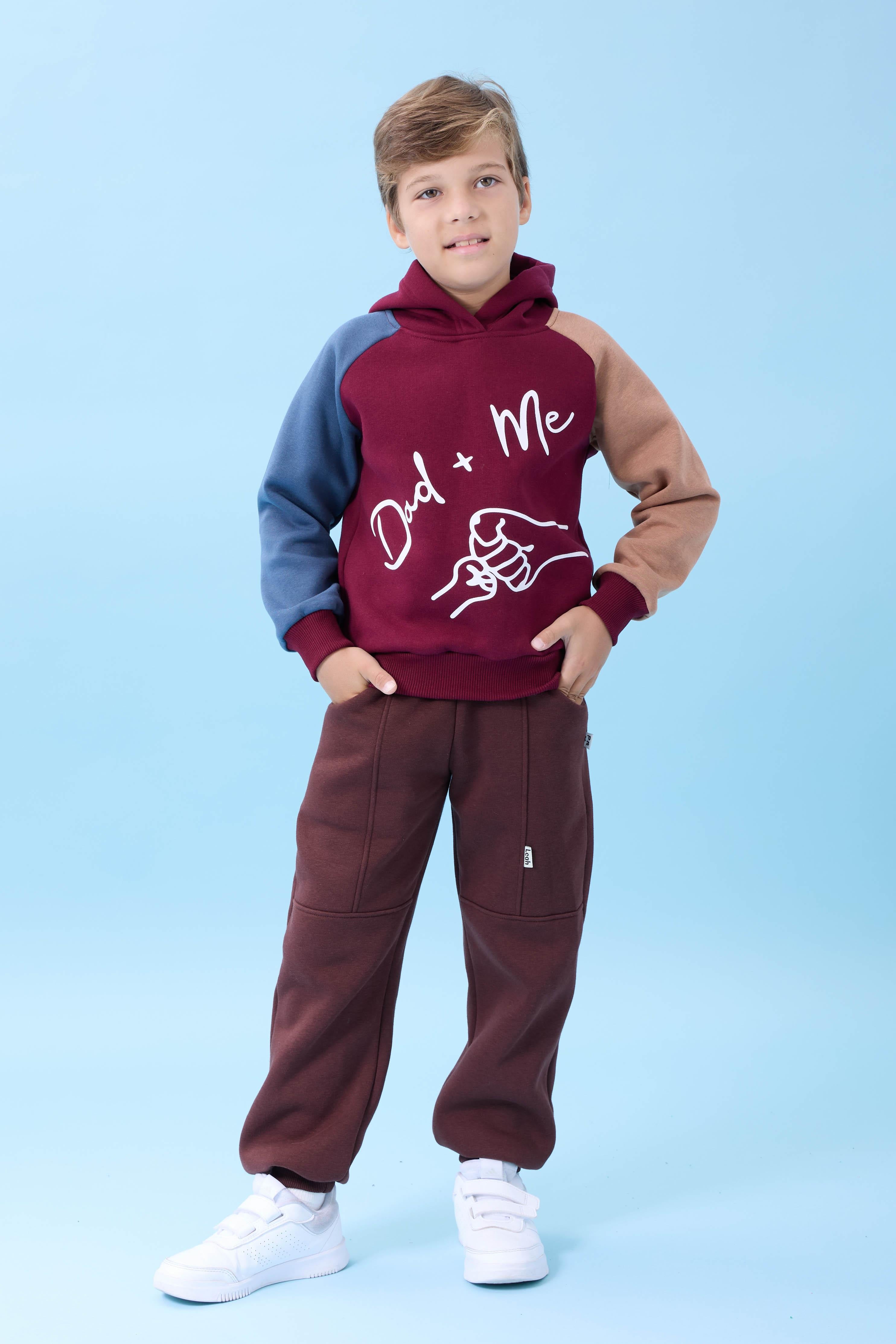 Erkek Çocuk Dad+Me Baskılı Kışlık Kapüşonlu İçi Polarlı Sweatshirt – Bordo