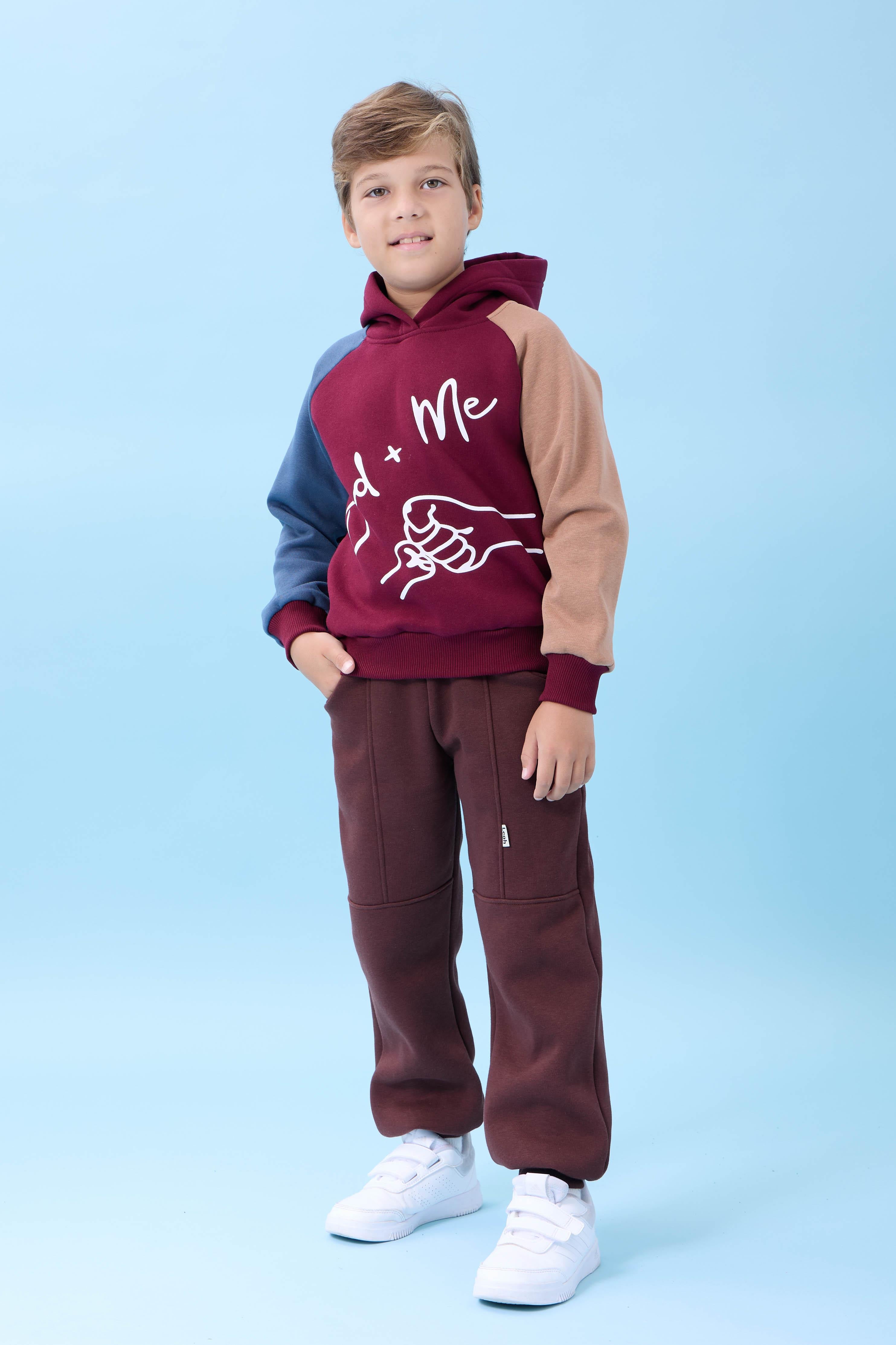 Erkek Çocuk Dad+Me Baskılı Kışlık Kapüşonlu İçi Polarlı Sweatshirt – Bordo