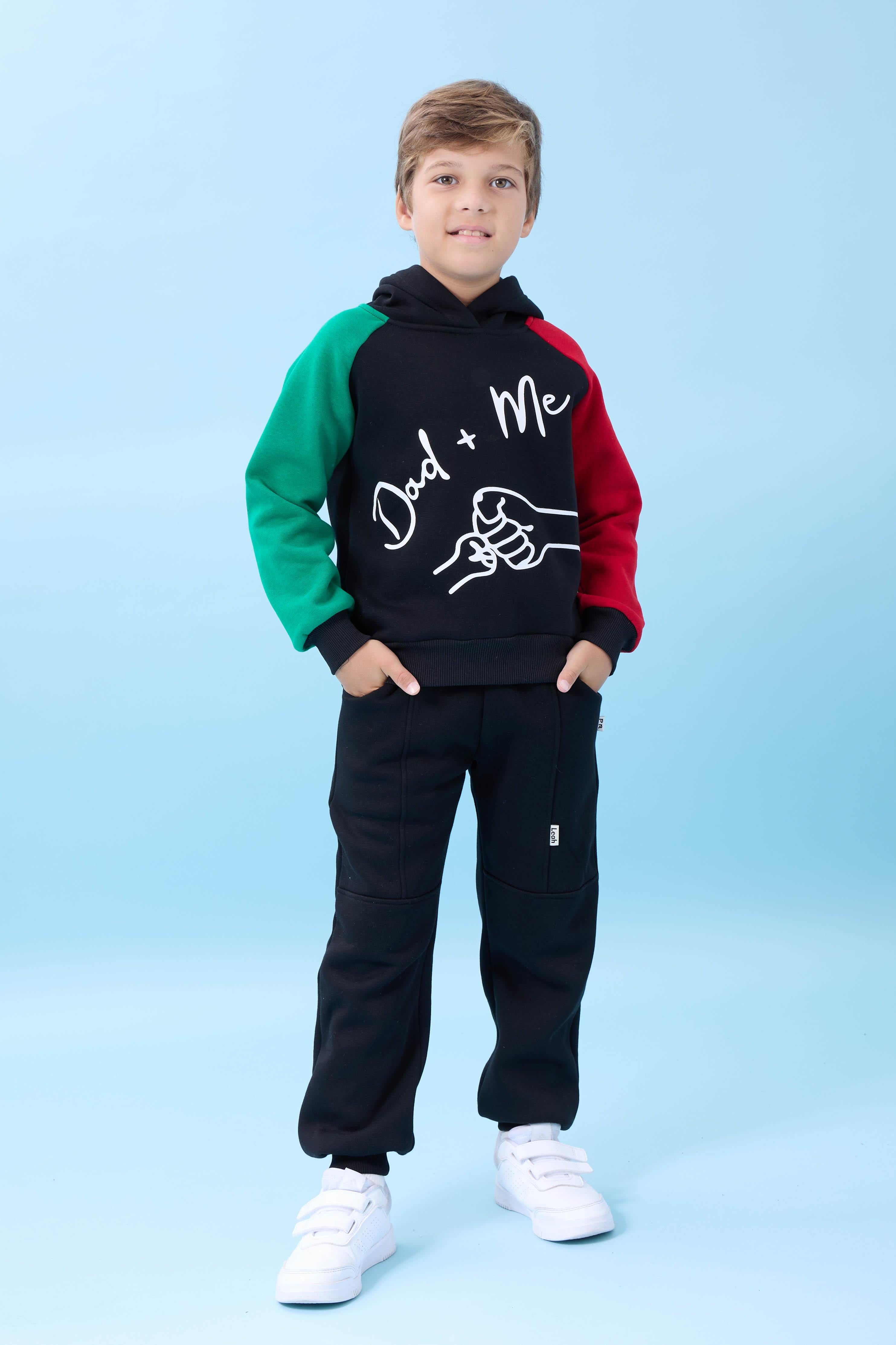 Erkek Çocuk Dad+Me Baskılı Kışlık Kapüşonlu İçi Polarlı Sweatshirt – Siyah