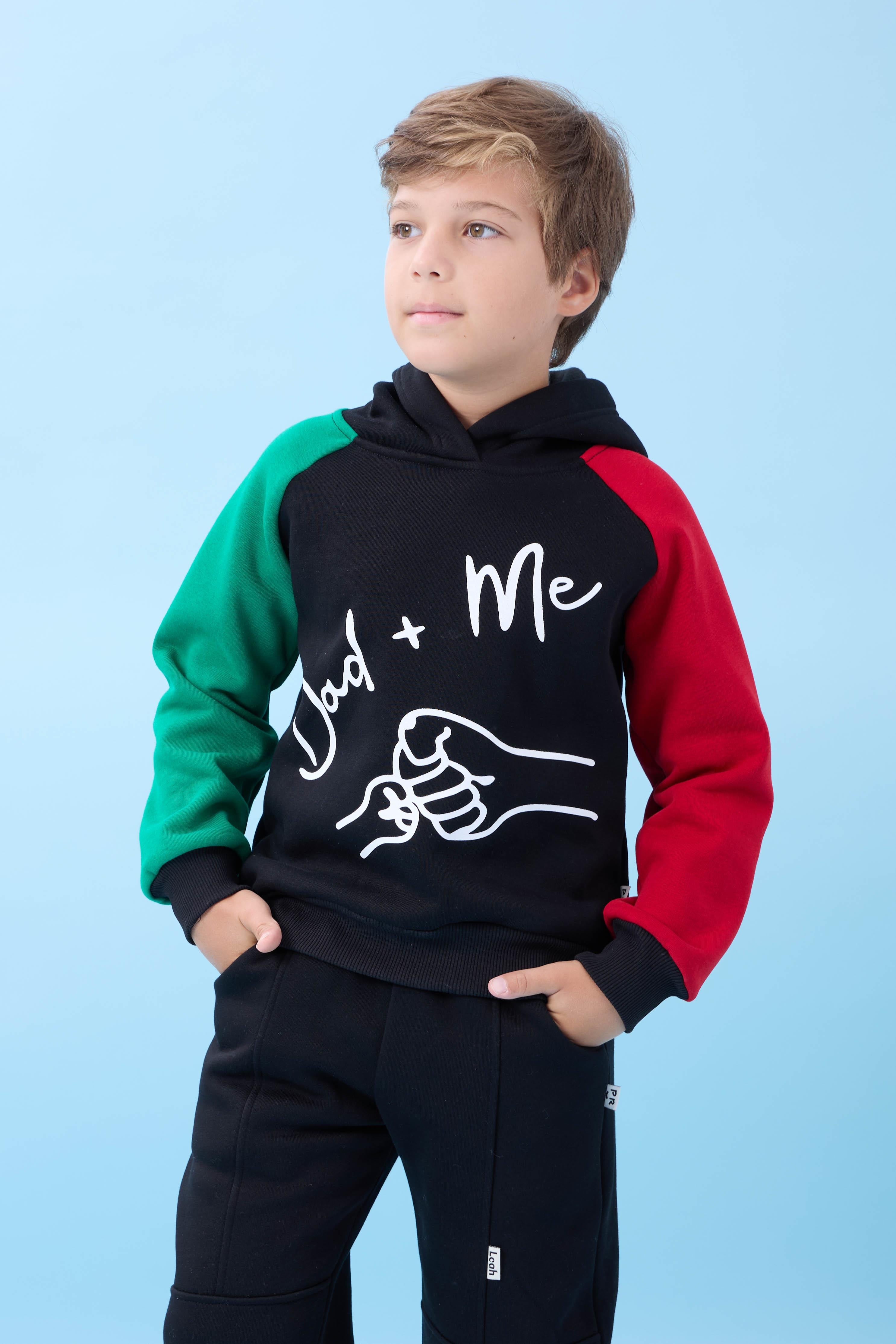 Erkek Çocuk Dad+Me Baskılı Kışlık Kapüşonlu İçi Polarlı Sweatshirt – Siyah