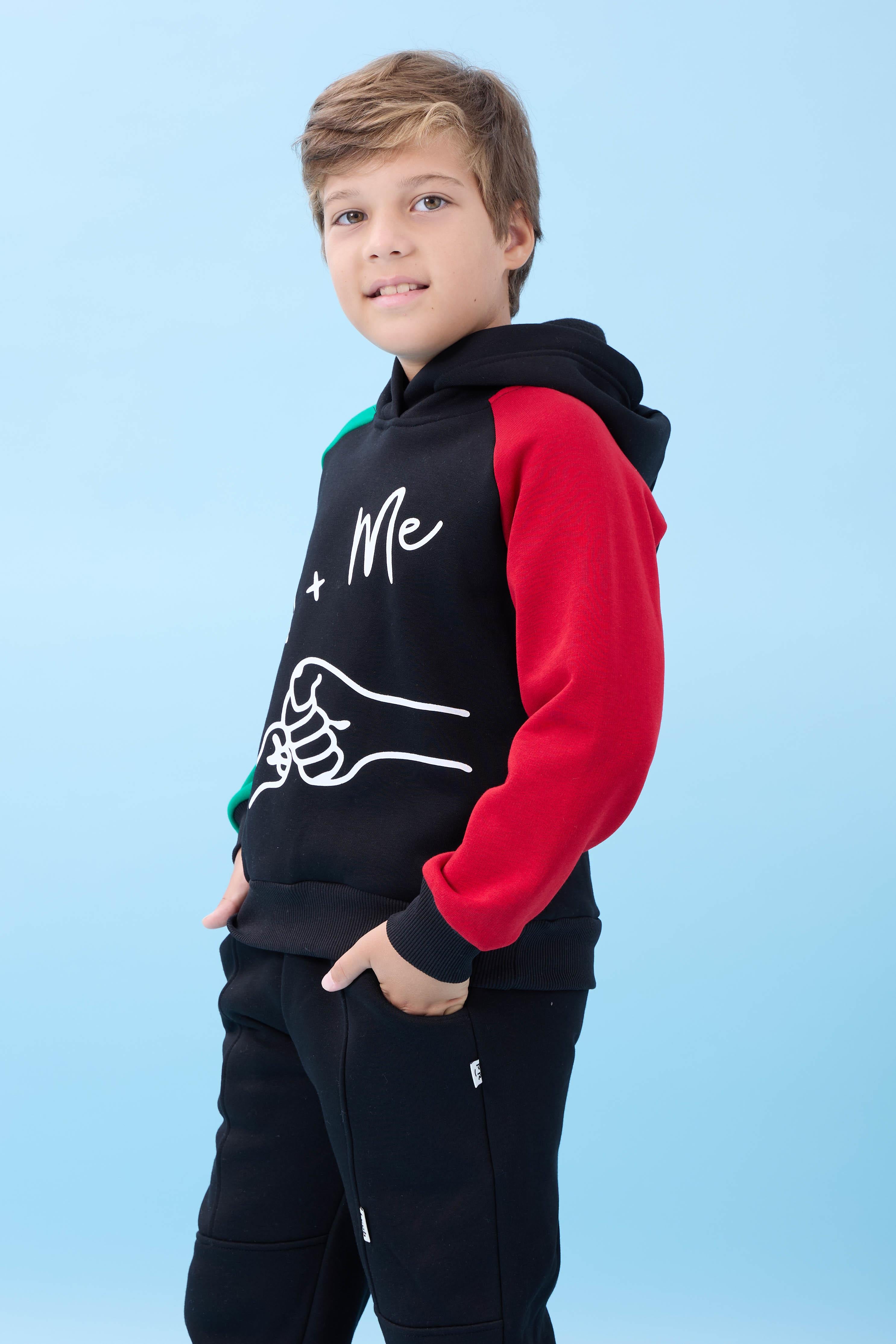 Erkek Çocuk Dad+Me Baskılı Kışlık Kapüşonlu İçi Polarlı Sweatshirt – Siyah