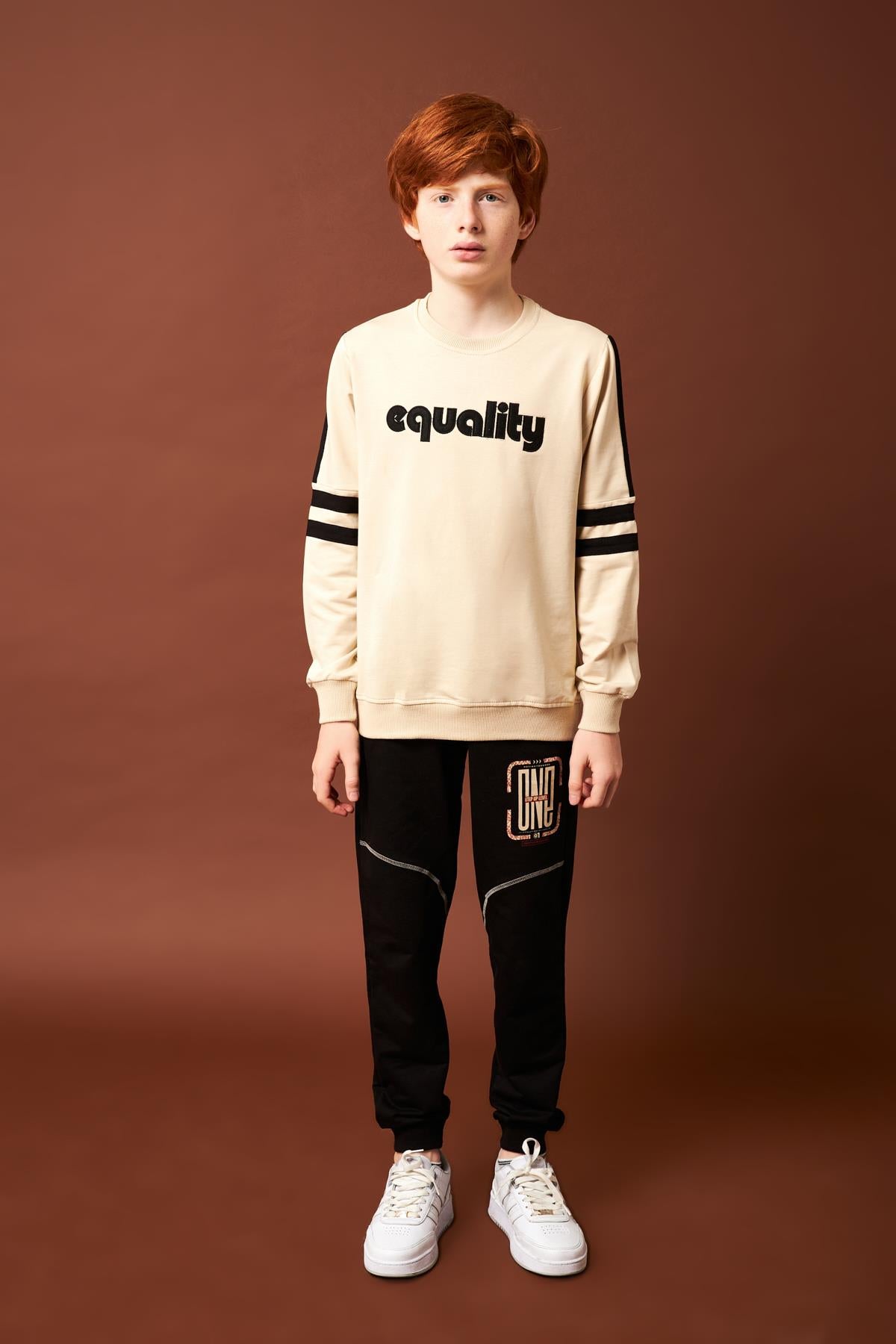 Equality Nakış Detaylı Erkek Çocuk Sweatshirt Taş