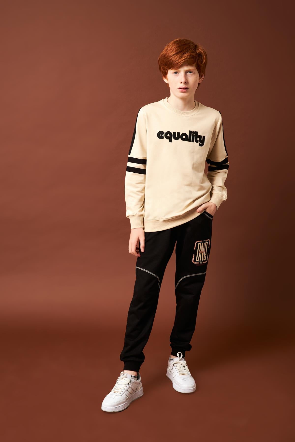 Equality Nakış Detaylı Erkek Çocuk Sweatshirt Taş