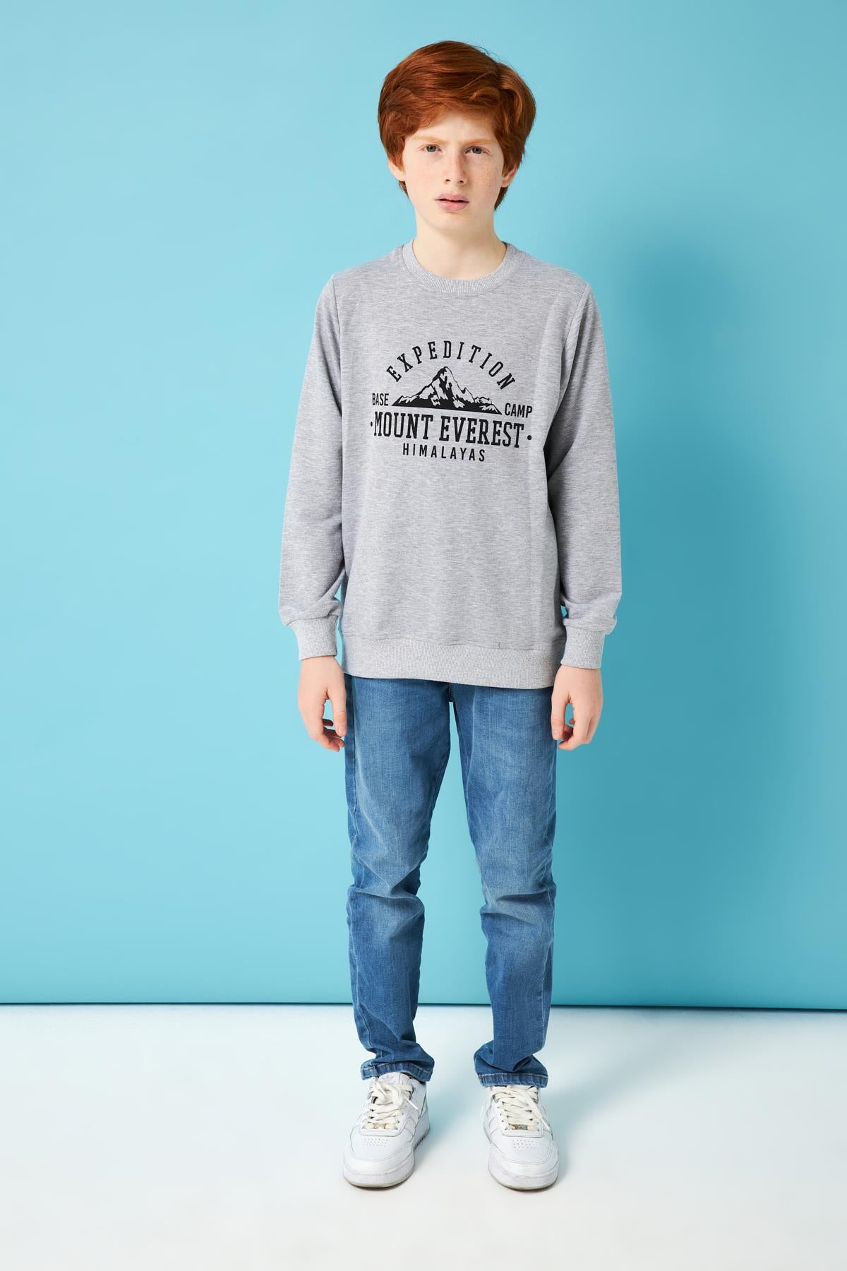 Expedition Baskılı Erkek Çocuk Sweatshirt Gri Melanj