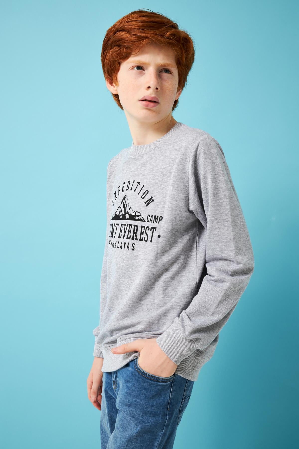 Expedition Baskılı Erkek Çocuk Sweatshirt Gri Melanj