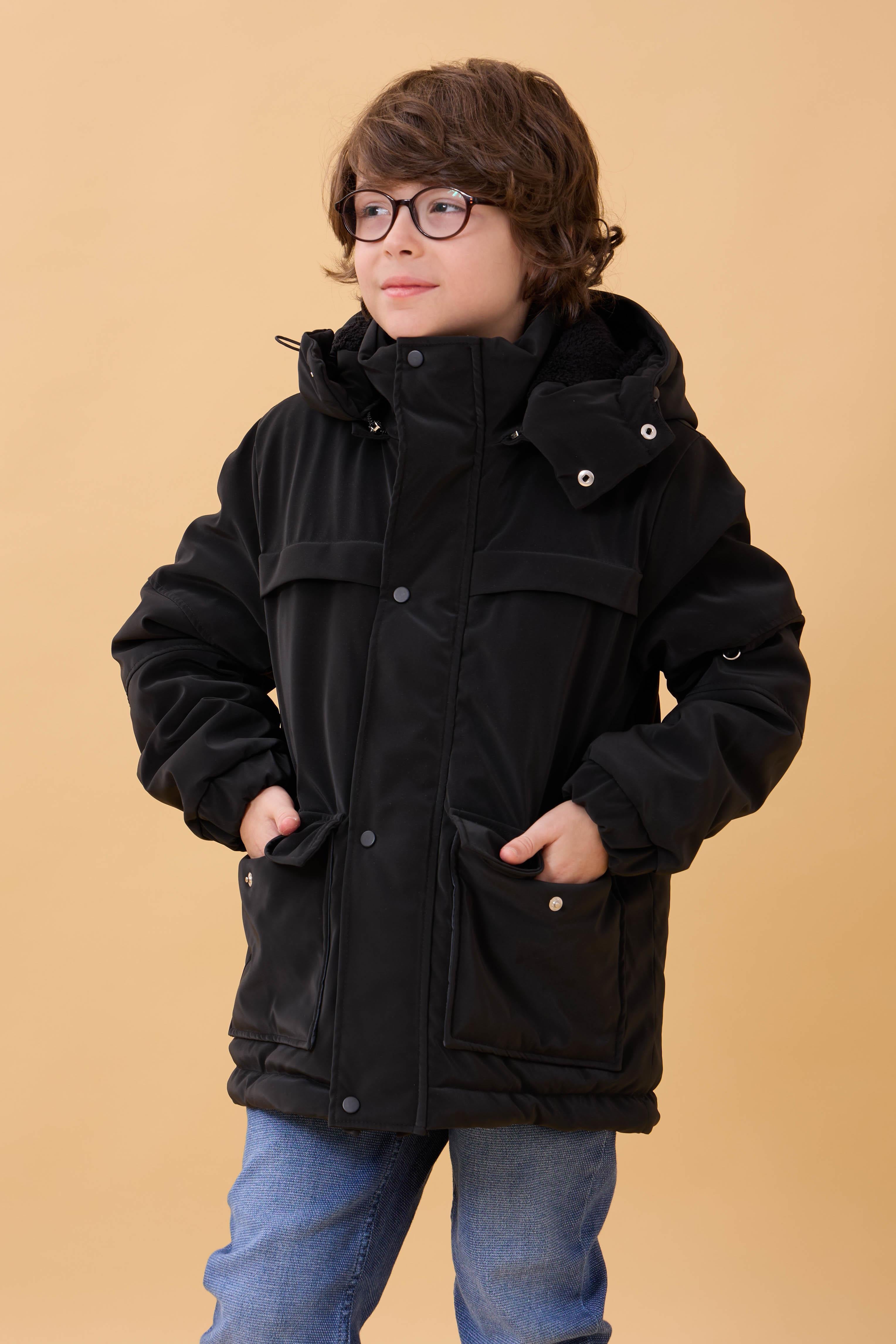 Erkek Çocuk İçi Kürklü Kapüşonlu Su İtici Kalın Kışlık Mont