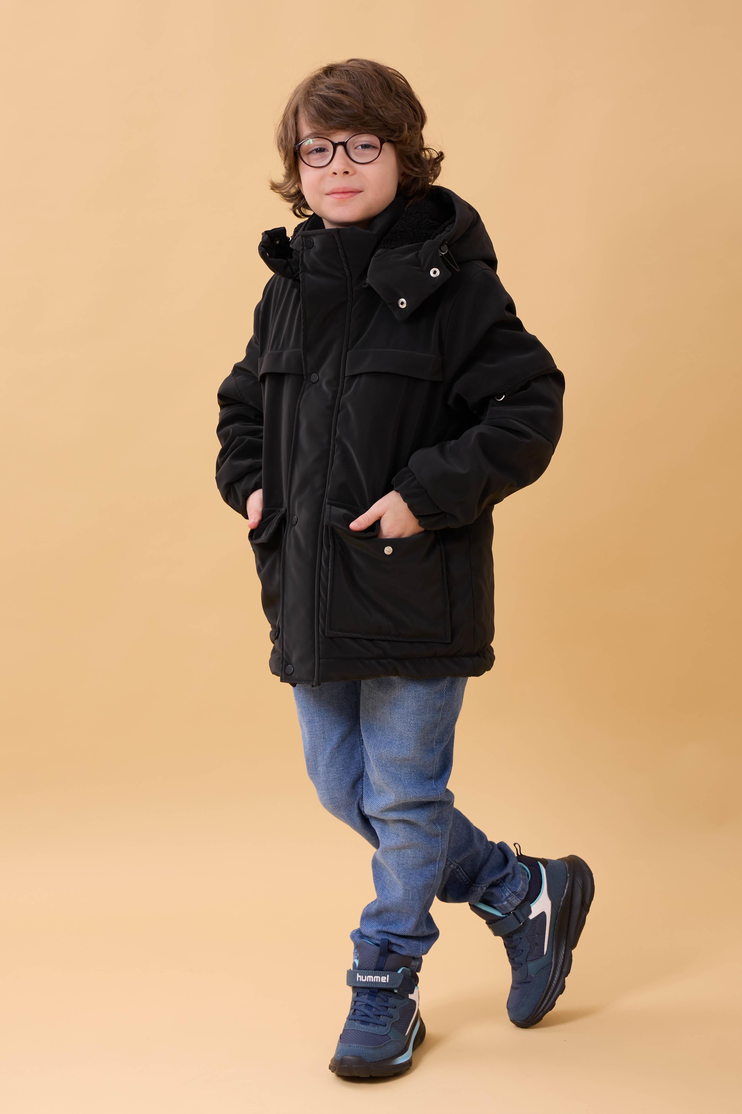 Erkek Çocuk İçi Kürklü Kapüşonlu Su İtici Kalın Kışlık Mont Siyah