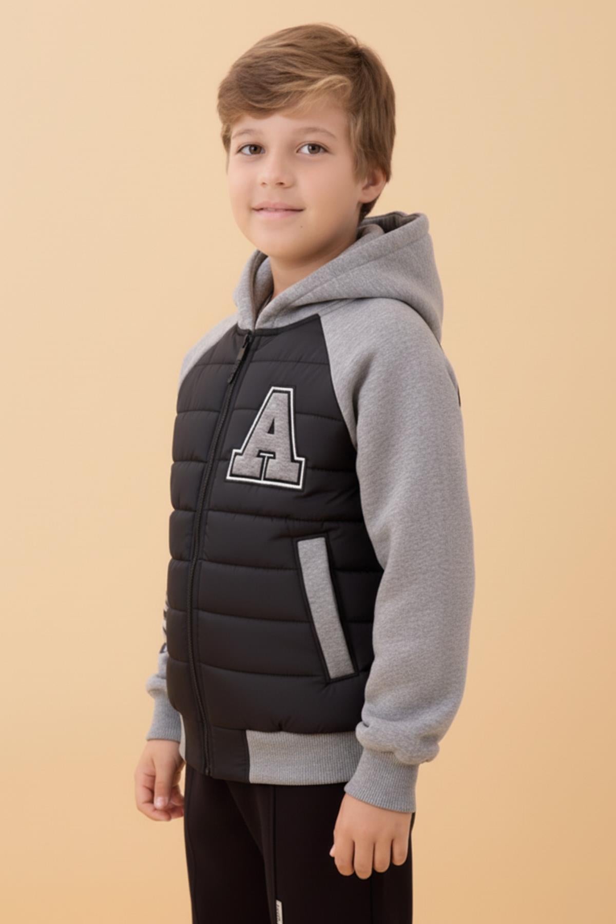Erkek Çocuk İçi Peluşlu Kapitone Kapüşonlu Kolej Ceket