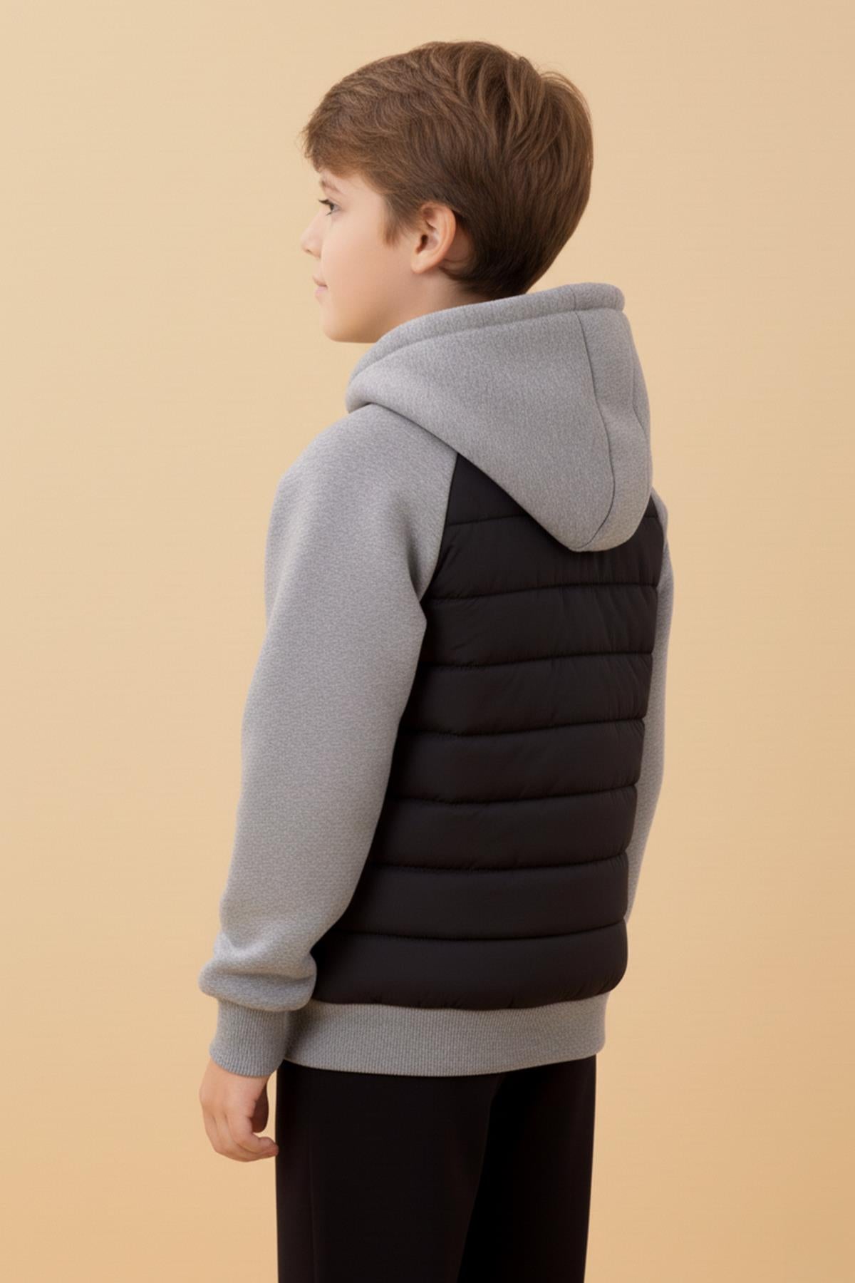 Erkek Çocuk İçi Peluşlu Kapitone Kapüşonlu Kolej Ceket – Siyah