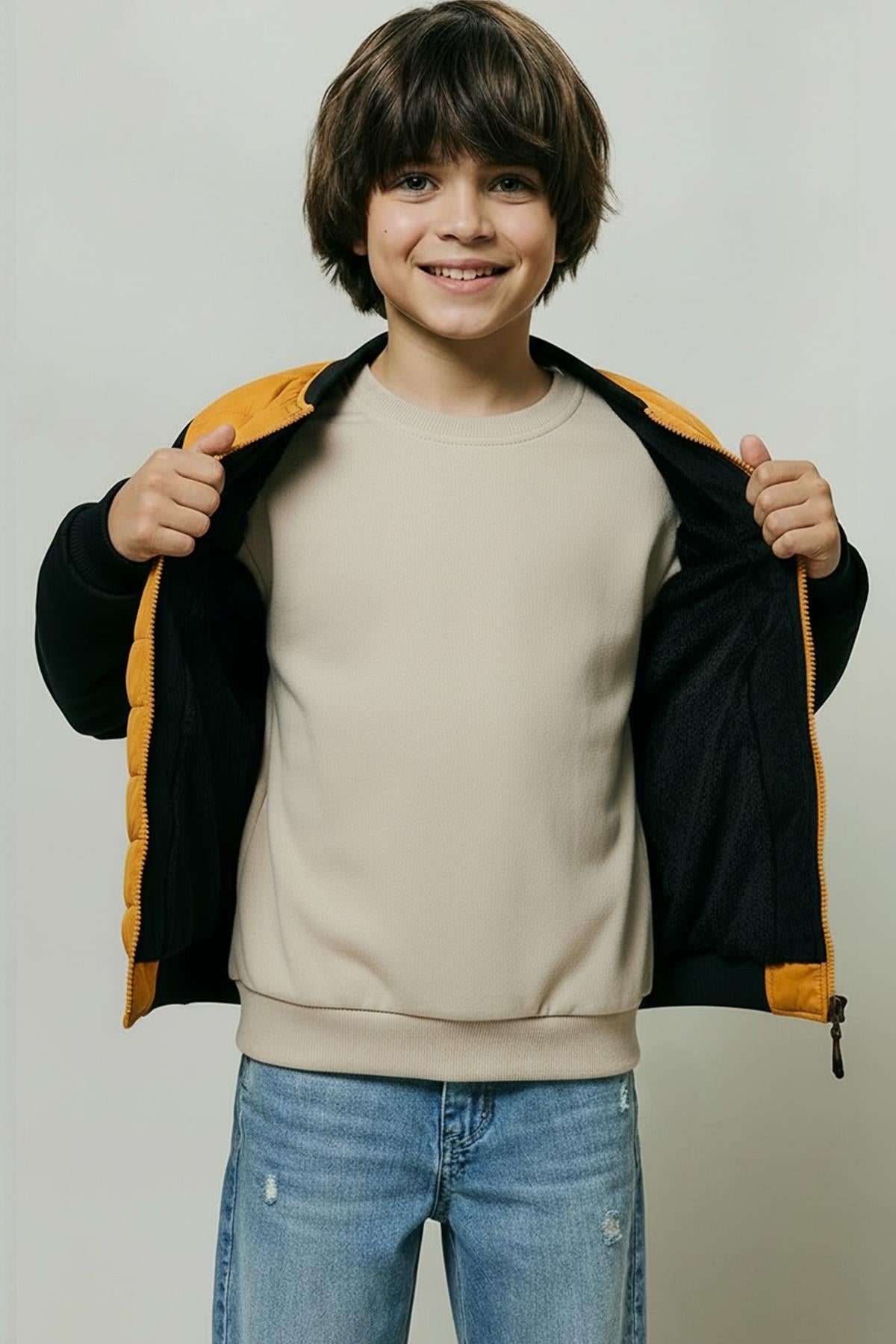 Erkek Çocuk İçi Peluşlu Nakış Detaylı Kapitone Kolej Ceket – Hardal