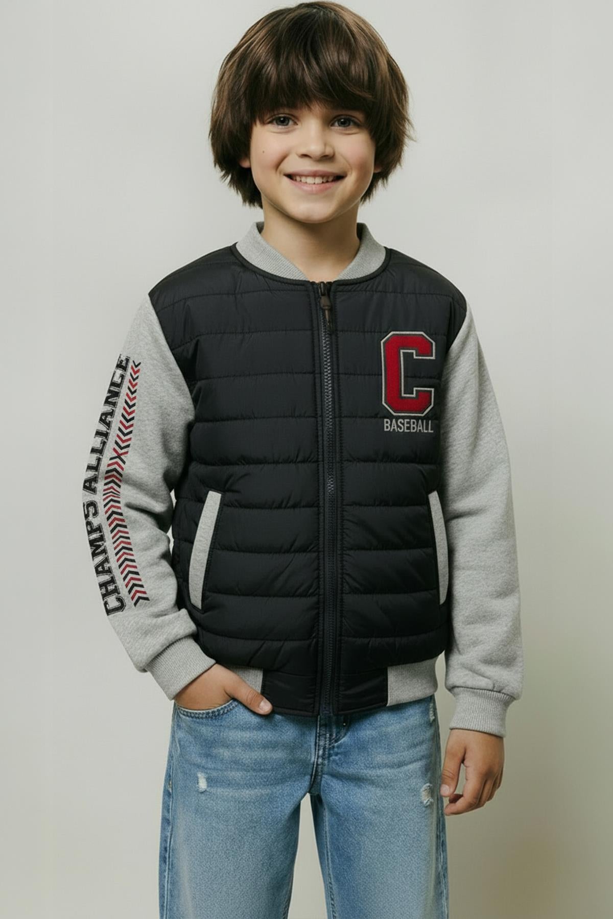 Erkek Çocuk İçi Peluşlu Nakış Detaylı Kapitone Kolej Ceket – Siyah