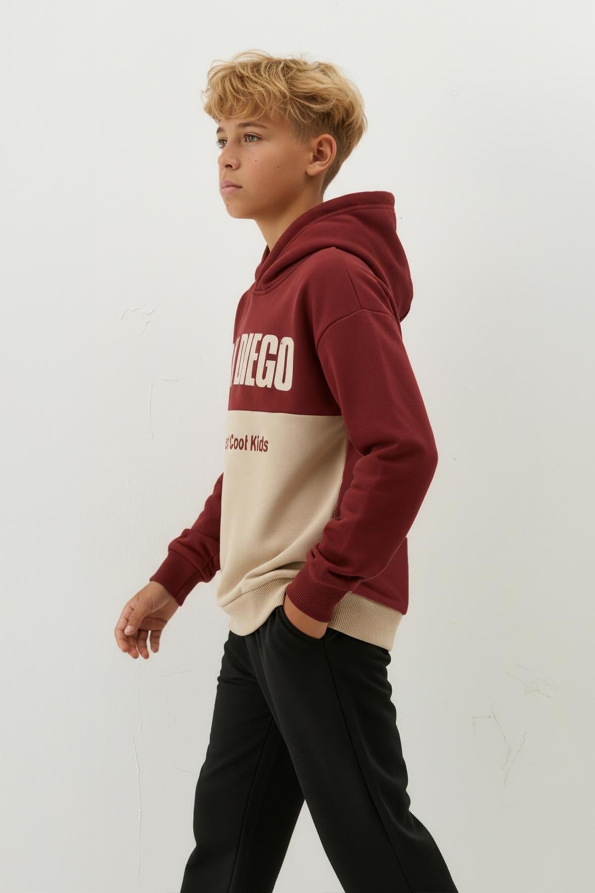 Erkek Çocuk Kapüşonlu Baskı Detaylı Parçalı Sweatshirt - Bordo/Bej
