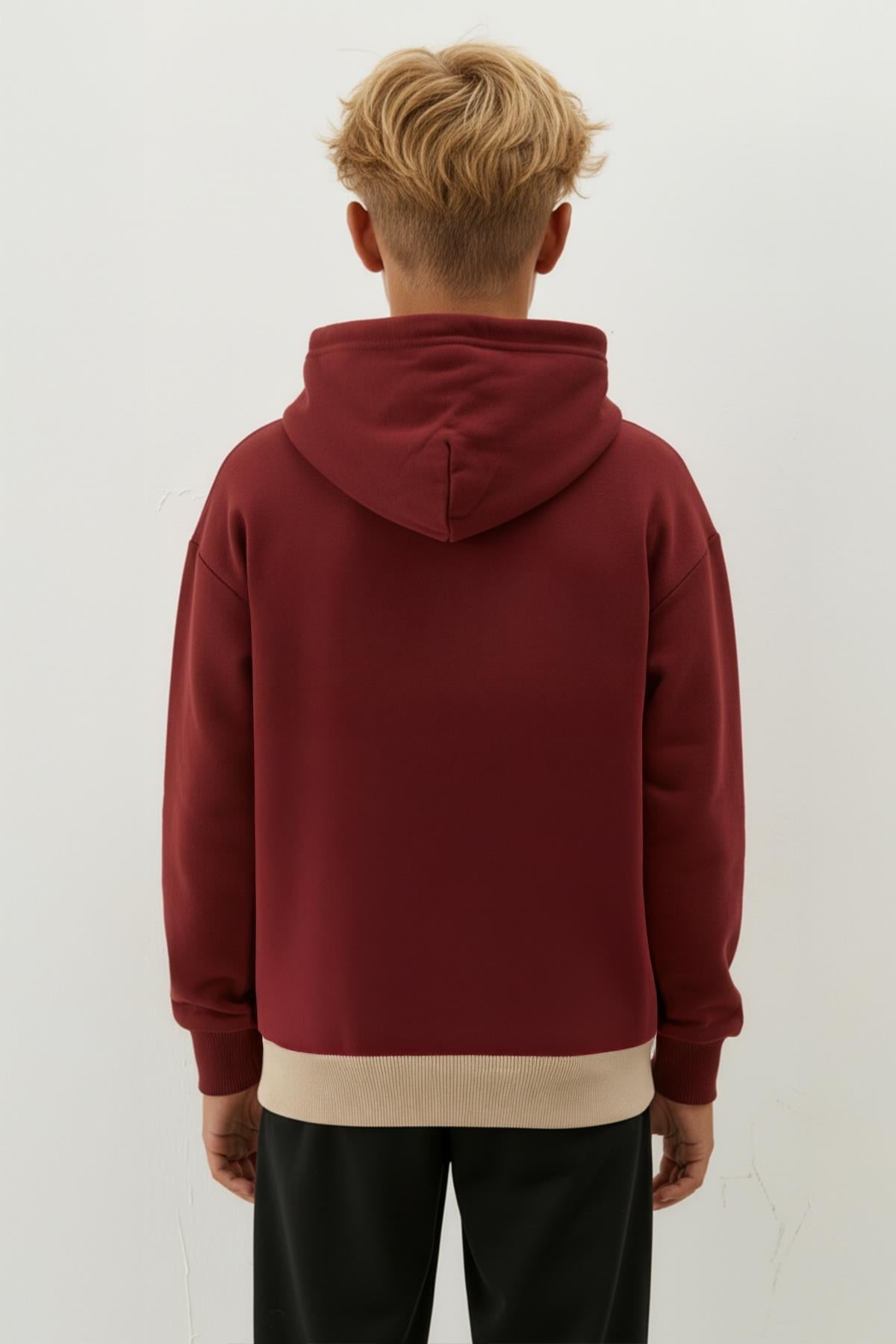 Erkek Çocuk Kapüşonlu Baskı Detaylı Parçalı Sweatshirt - Bordo/Bej