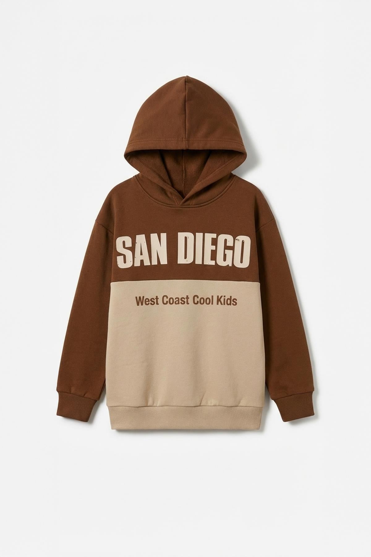 Erkek Çocuk Kapüşonlu Baskı Detaylı Parçalı Sweatshirt – Kahverengi/Taş