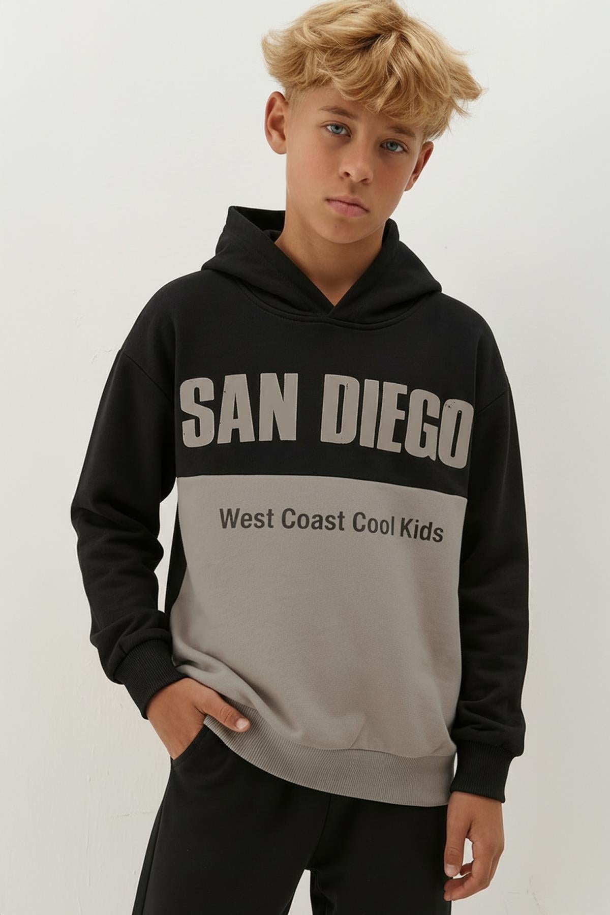 Erkek Çocuk Kapüşonlu Baskı Detaylı Parçalı Sweatshirt - Siyah/Gri