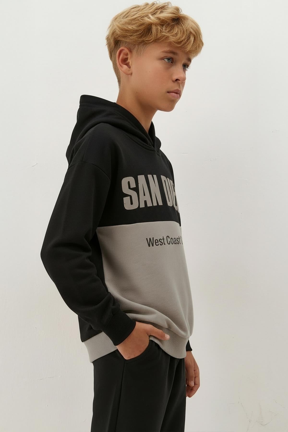 Erkek Çocuk Kapüşonlu Baskı Detaylı Parçalı Sweatshirt - Siyah/Gri