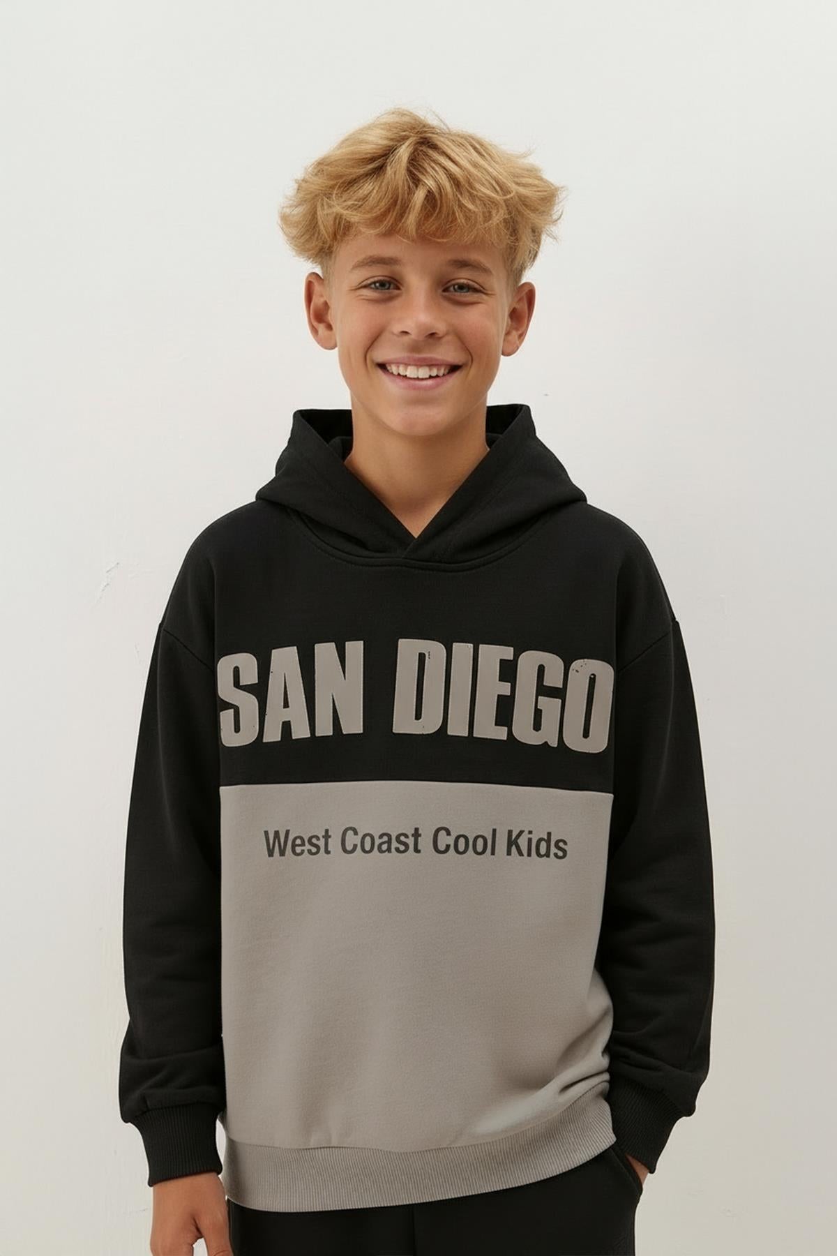 Erkek Çocuk Kapüşonlu Baskı Detaylı Parçalı Sweatshirt - Siyah/Gri