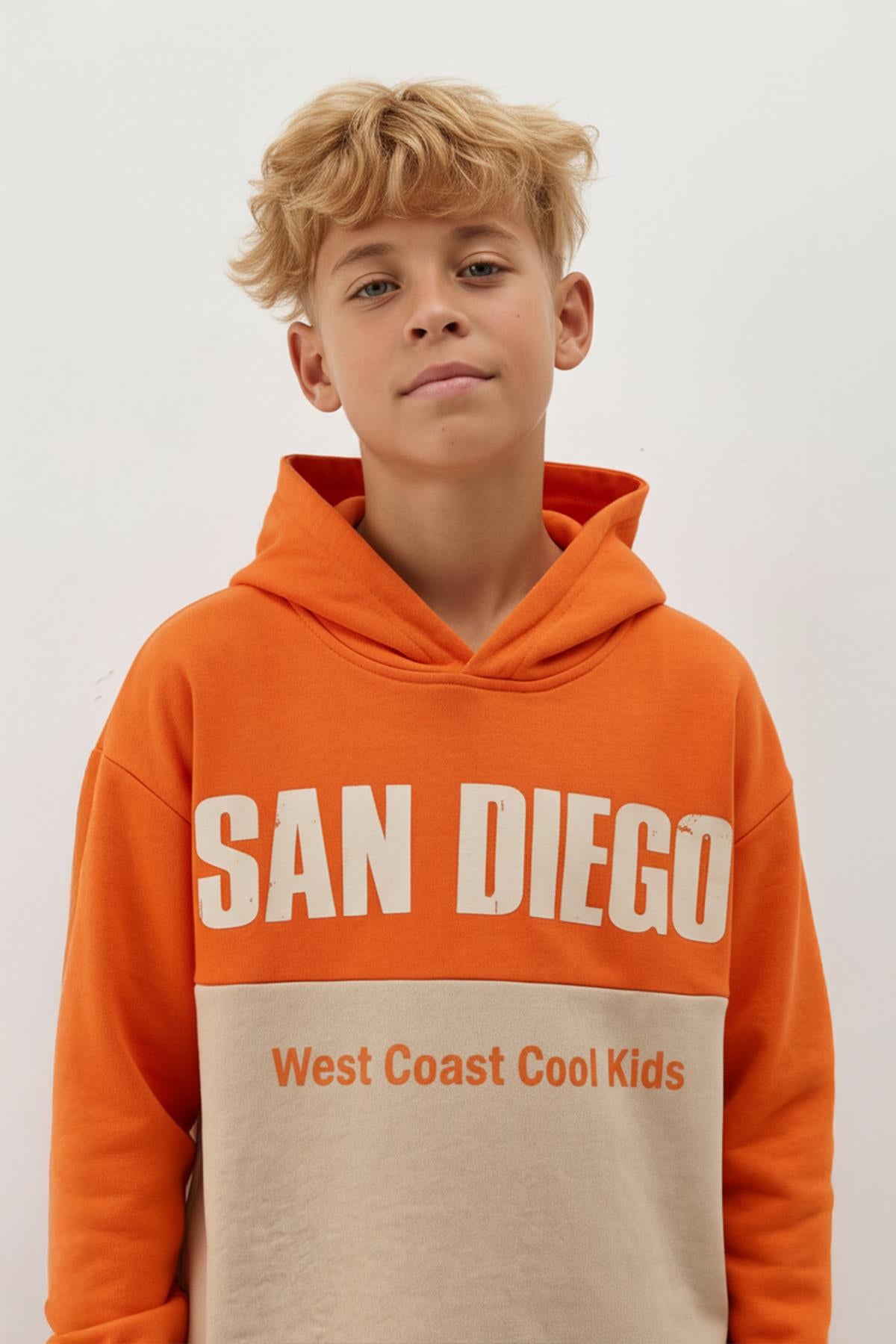 Erkek Çocuk Kapüşonlu Baskı Detaylı Parçalı Sweatshirt - Turuncu/Taş