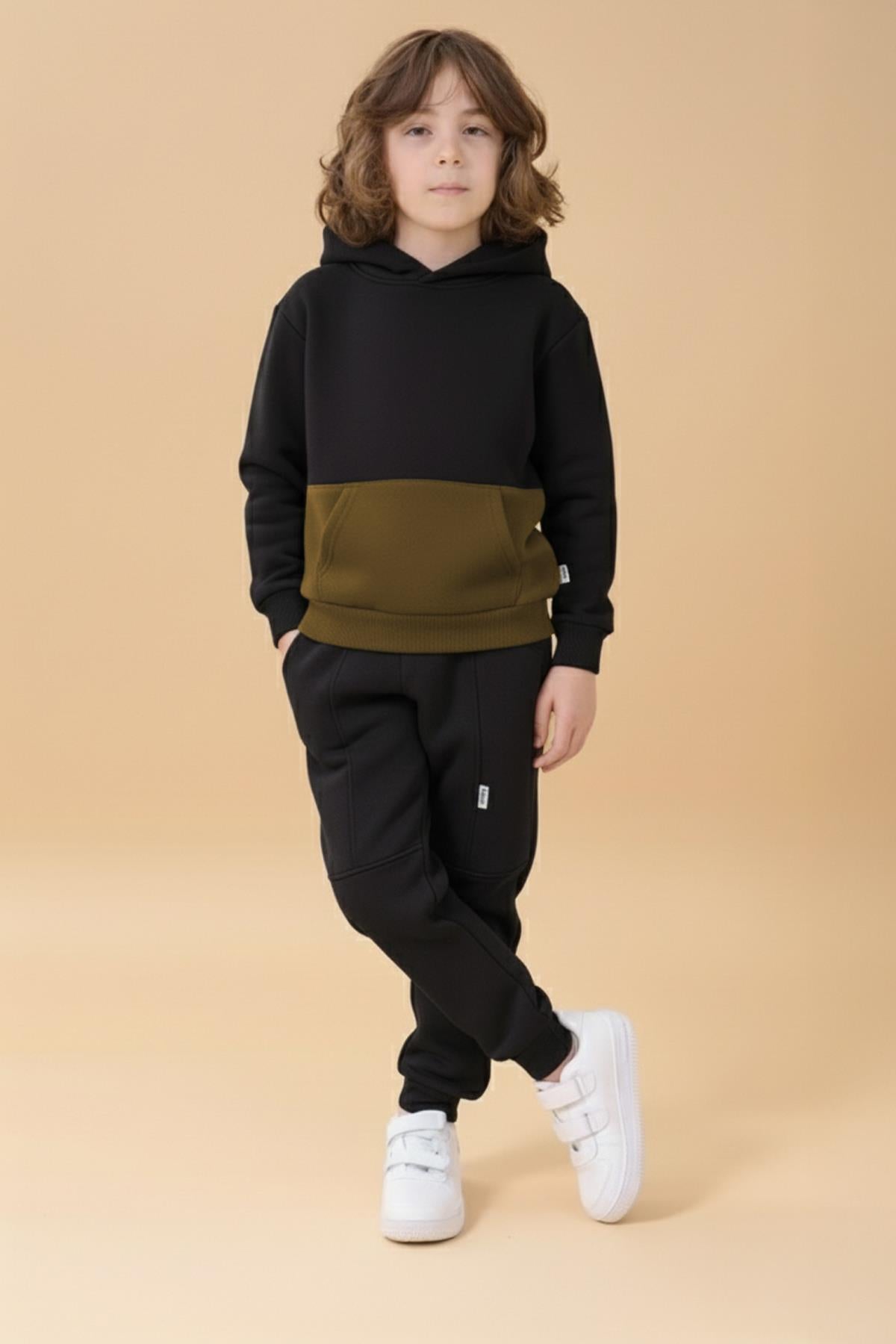 Erkek Çocuk Kapüşonlu Kanguru Cepli 2 Renk Sweatshirt ve Rahat Kalıp İçi Polarlı Jogger Alt Takım