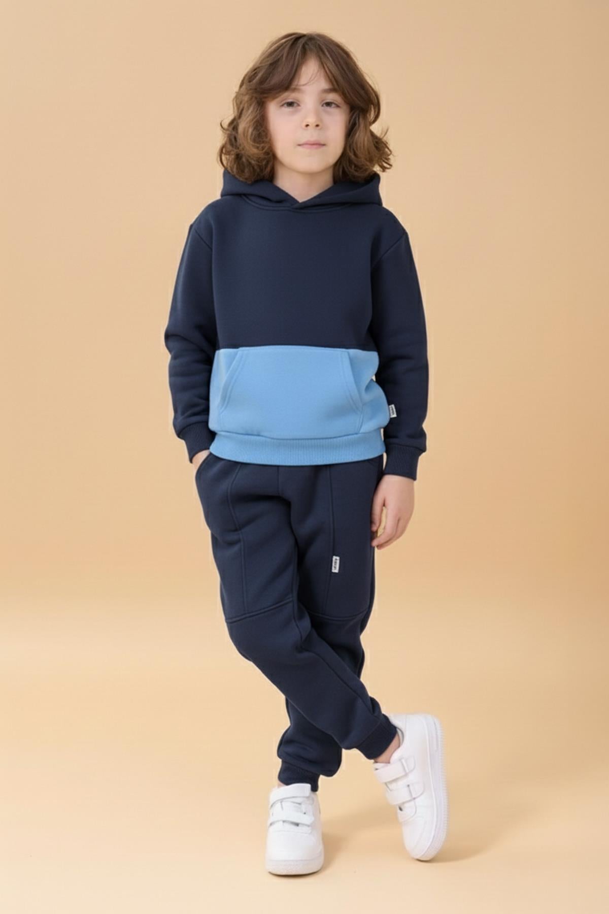 Erkek Çocuk Kapüşonlu Kanguru Cepli 2 Renk Sweatshirt ve Rahat Kalıp İçi Polarlı Jogger Alt Takım