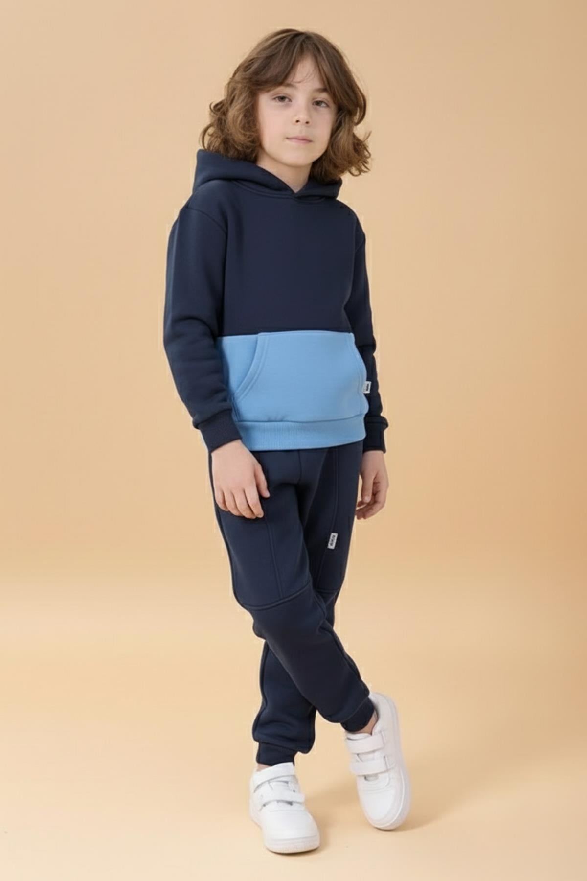 Erkek Çocuk Kapüşonlu Kanguru Cepli 2 Renk Sweatshirt ve Rahat Kalıp İçi Polarlı Jogger Alt Takım