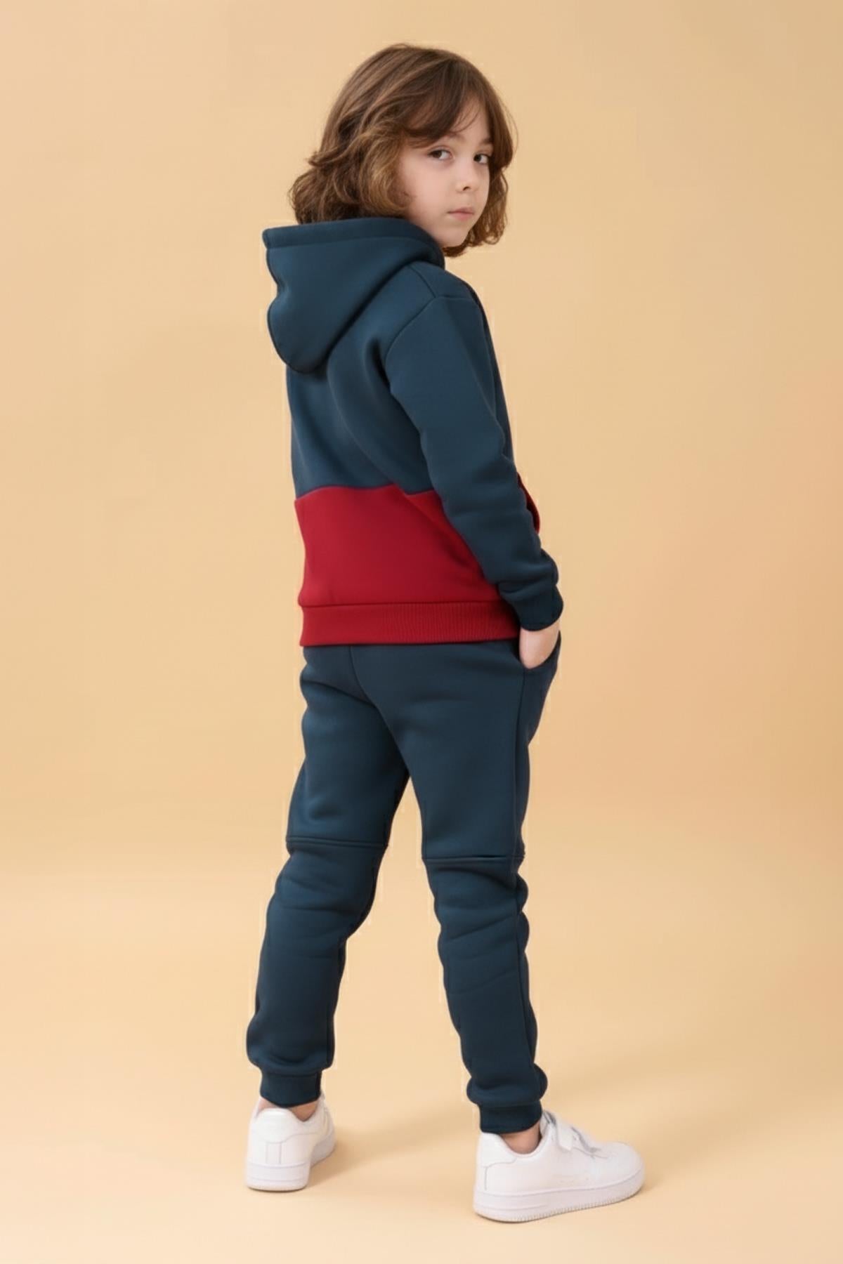 Erkek Çocuk Kapüşonlu Kanguru Cepli 2 Renk Sweatshirt ve Rahat Kalıp İçi Polarlı Jogger Alt Takım
