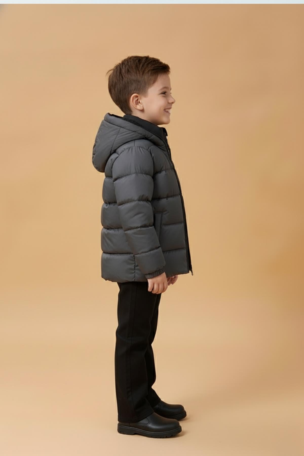 Erkek Çocuk Kapüşonlu Kürklü Şişme Mont – Antrasit