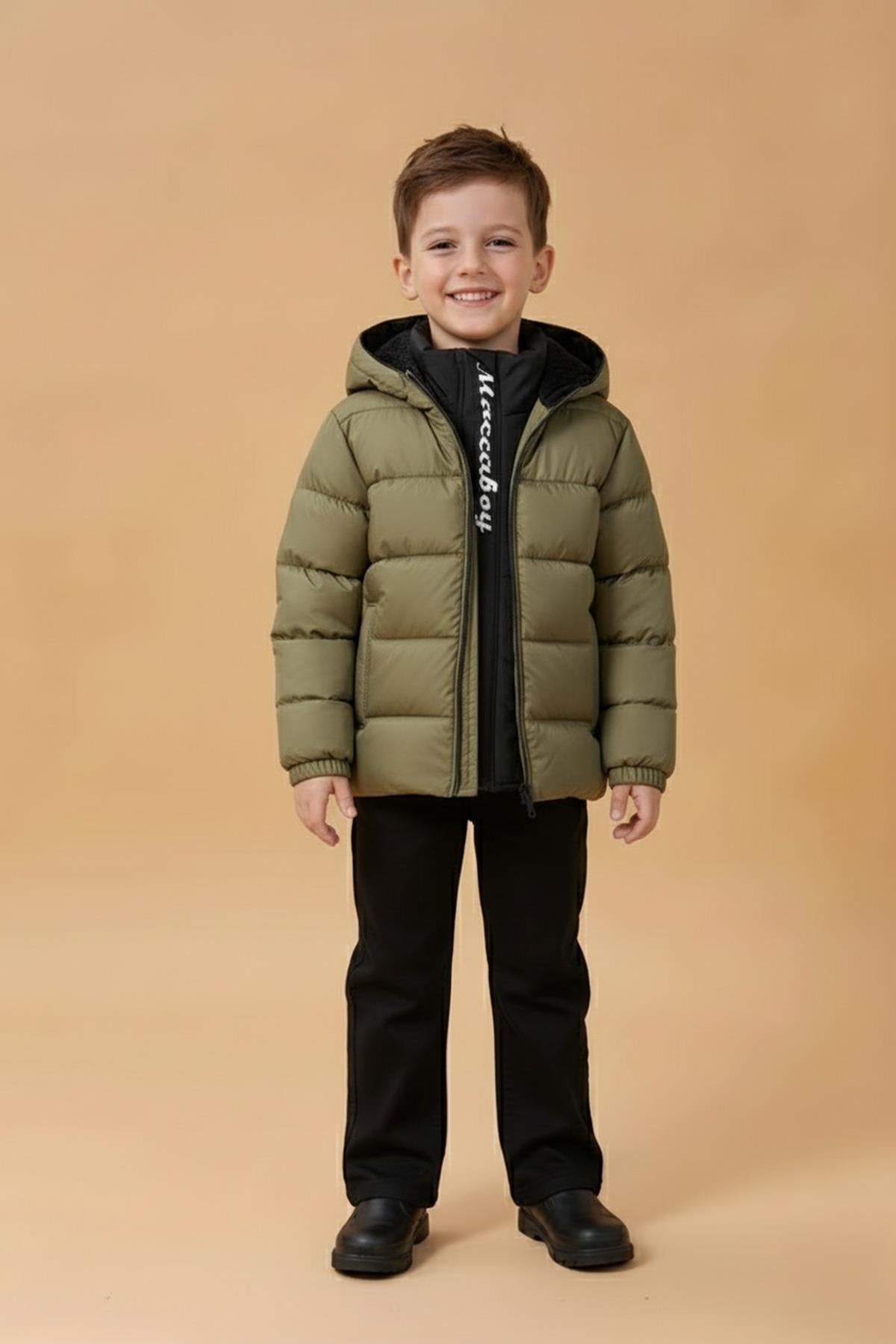 Erkek Çocuk Kapüşonlu Kürklü Şişme Mont – Haki