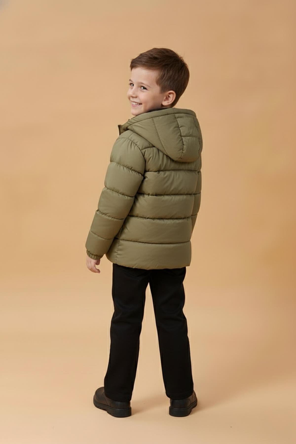 Erkek Çocuk Kapüşonlu Kürklü Şişme Mont – Haki