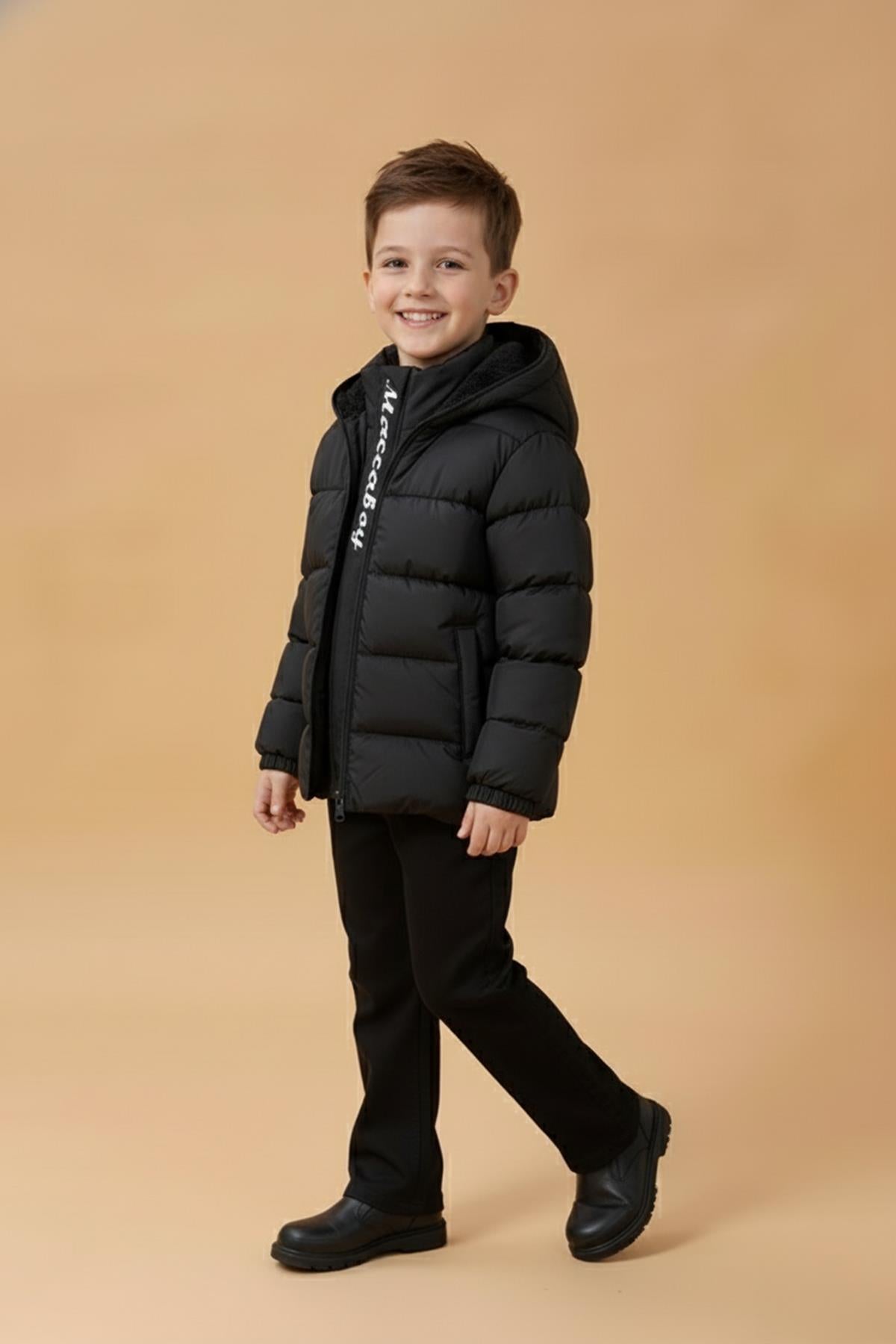 Erkek Çocuk Kapüşonlu Kürklü Şişme Mont – Siyah