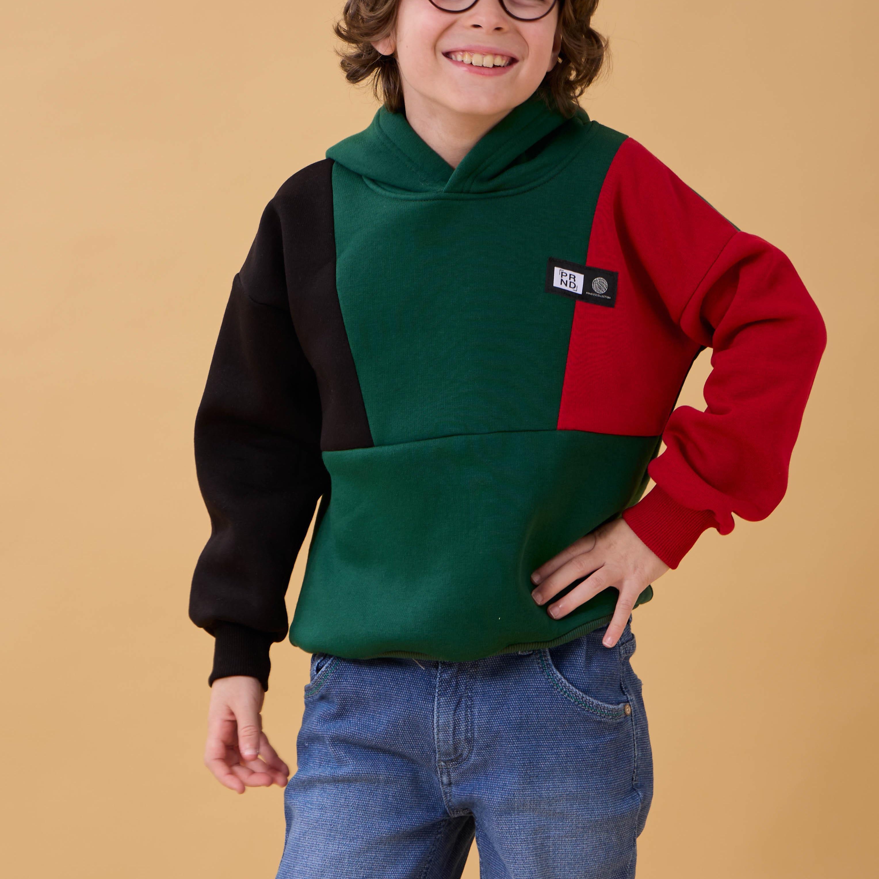 Erkek Çocuk Kapüşonlu Parçalı 3 İp Sweatshirt