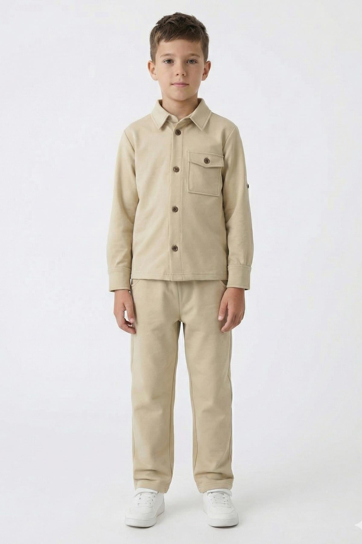 Erkek Çocuk Örme Gömlek Yaka Boru Paça Alt Takım