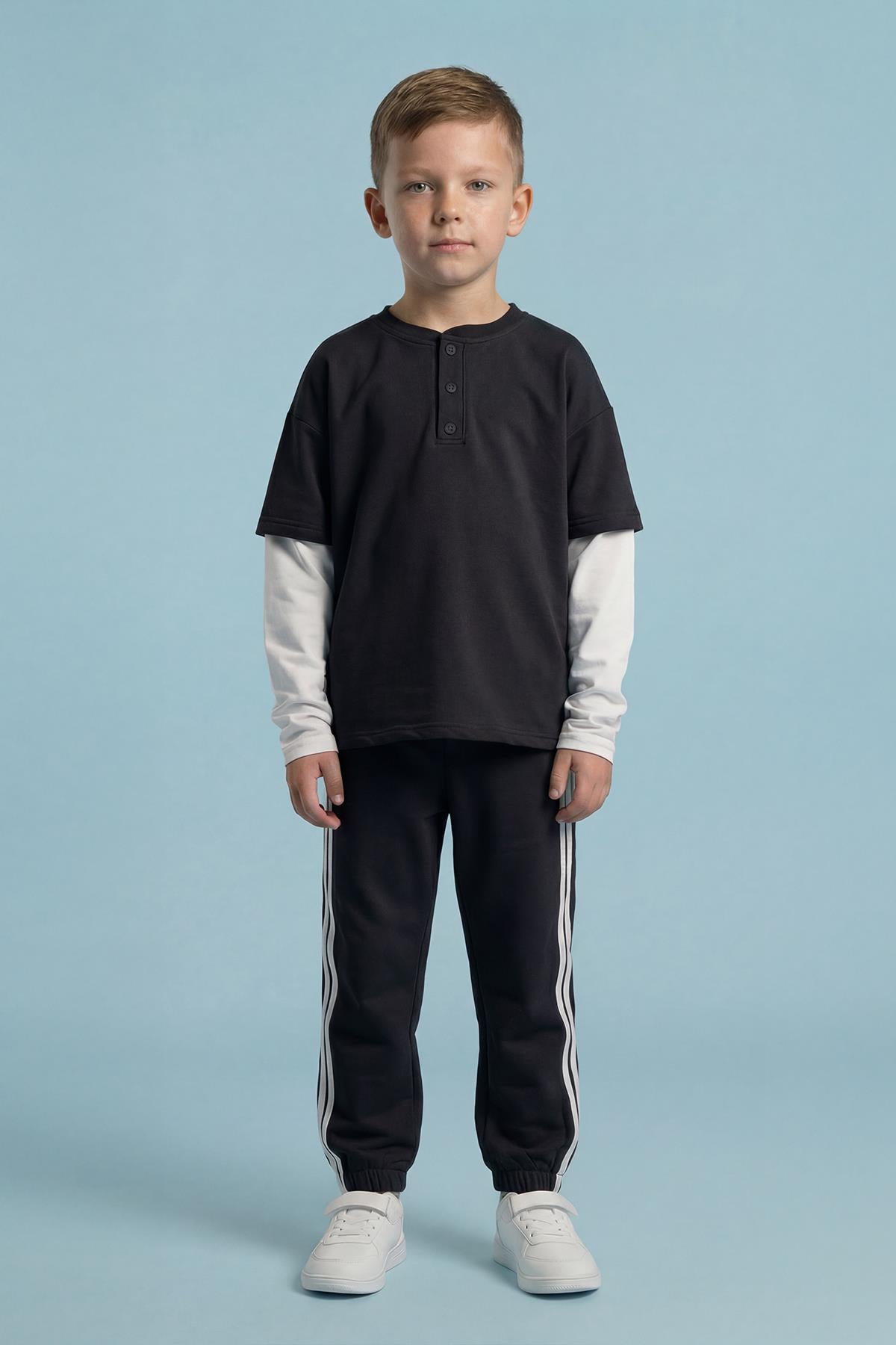 Erkek Çocuk Pamuk Penye Şerit Biyeli Eşofman Takımı