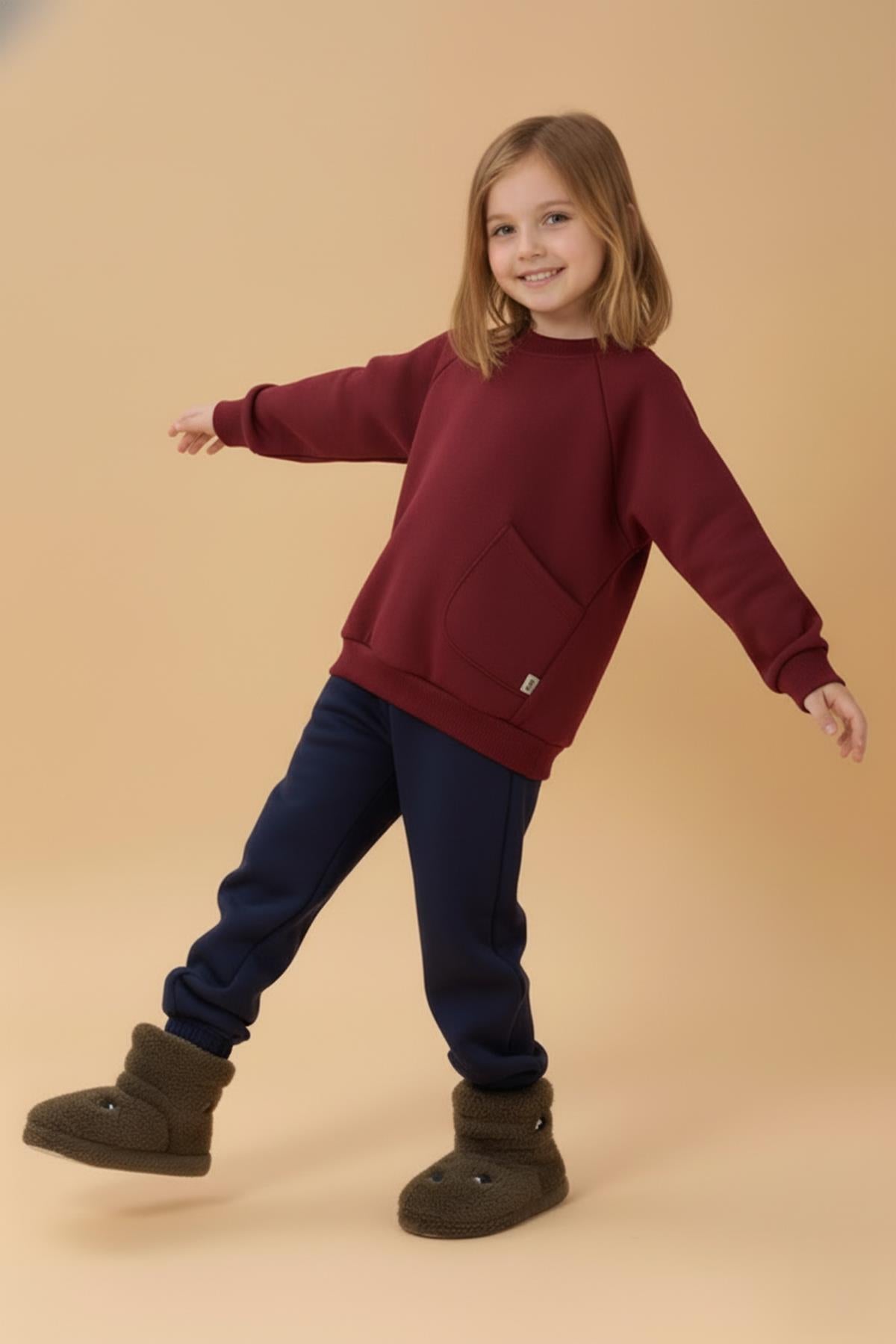 Erkek Çocuk Rahat Kalıp Cep Detaylı 2’li içi polarlı Sweatshirt – Bordo & Antrasit