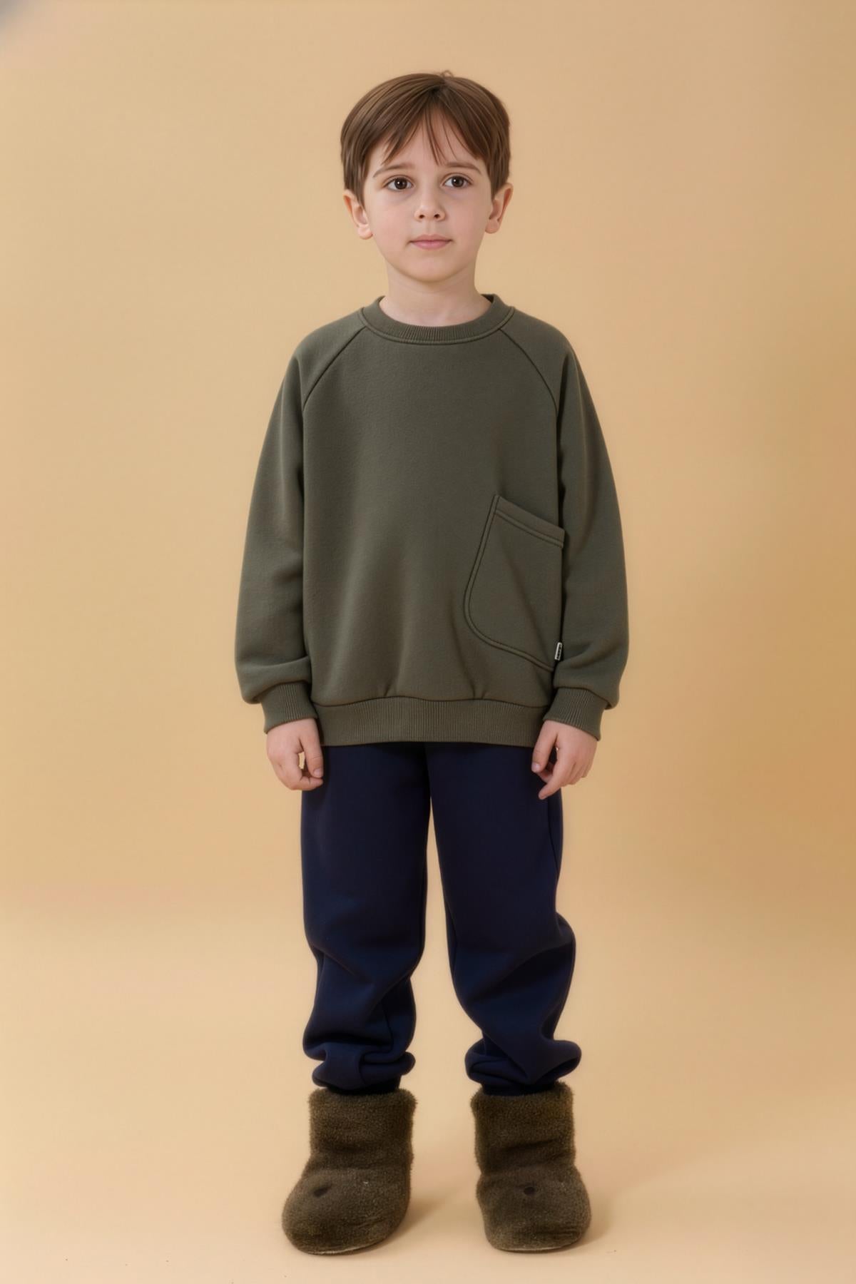 Erkek Çocuk Rahat Kalıp Cep Detaylı 2’li içi polarlı Sweatshirt – Haki & Lacivert