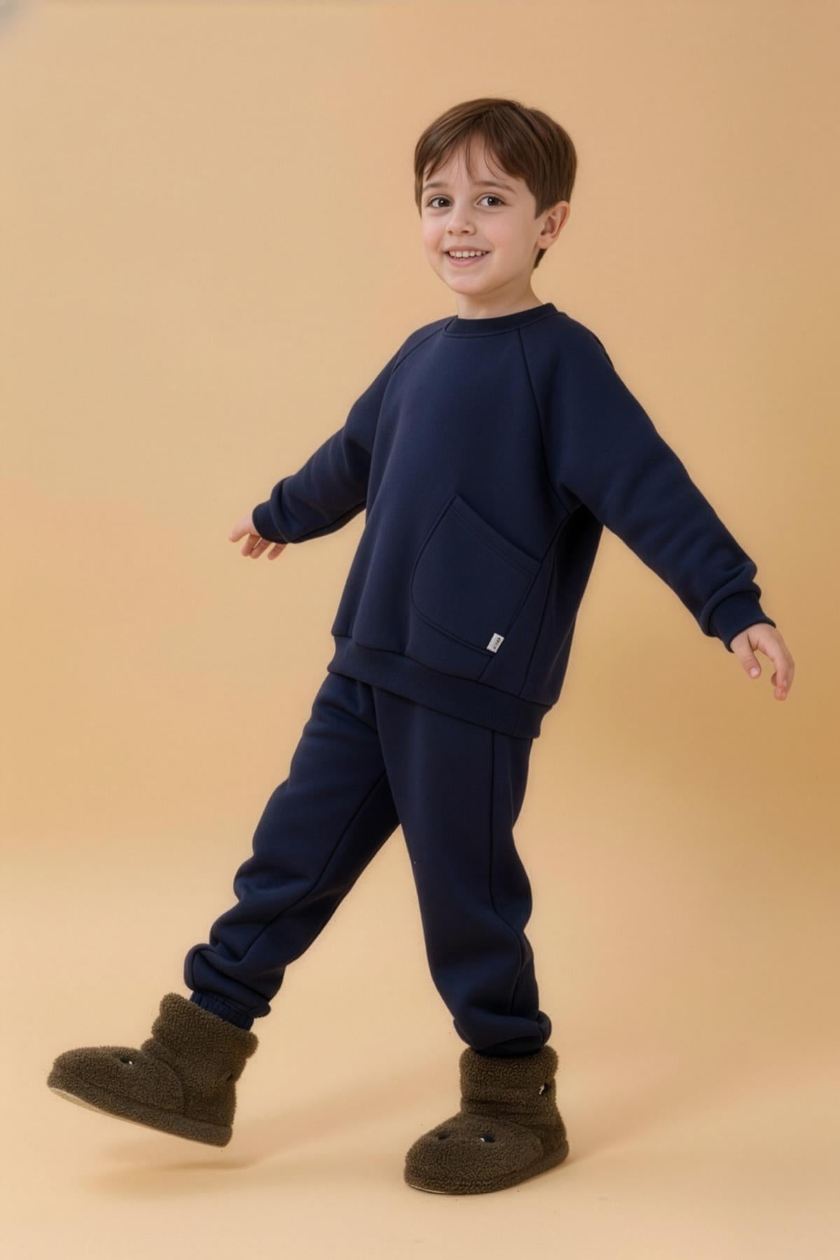 Erkek Çocuk Rahat Kalıp Cep Detaylı 2’li içi polarlı Sweatshirt – Haki & Lacivert