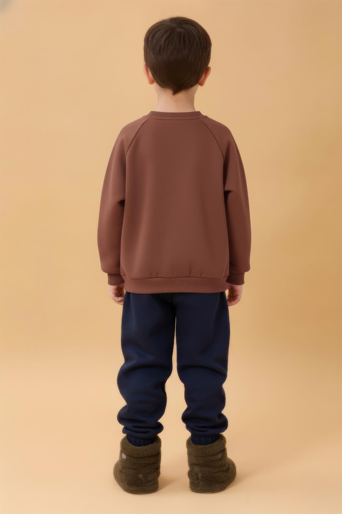 Erkek Çocuk Rahat Kalıp Cep Detaylı 2’li içi polarlı Sweatshirt – Kahverengi & Bebe Mavisi