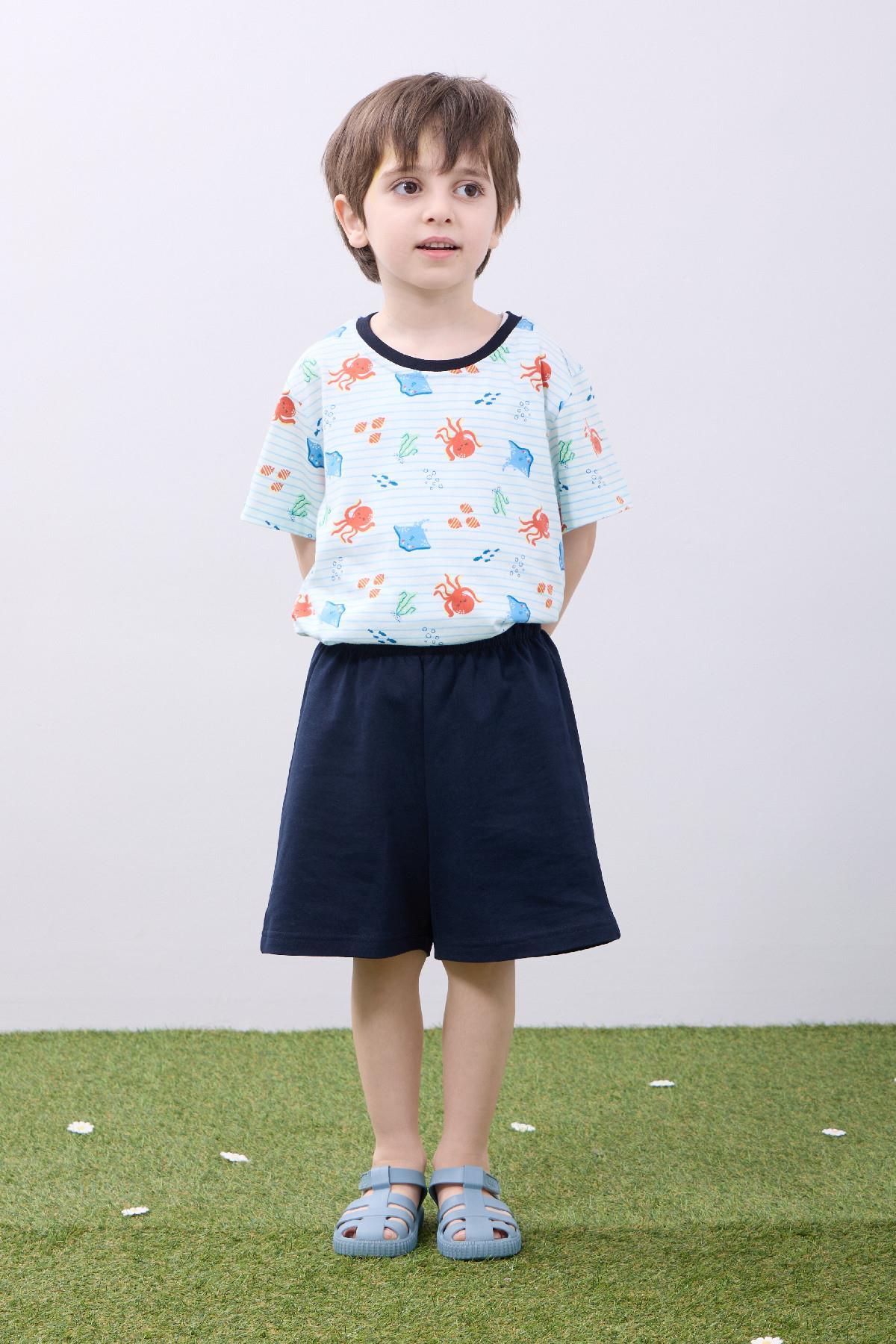 Erkek Çocuk Şortlu Takım Ahtapot Desenli Kısa Kollu Tişört & Şort Yazlık Takım