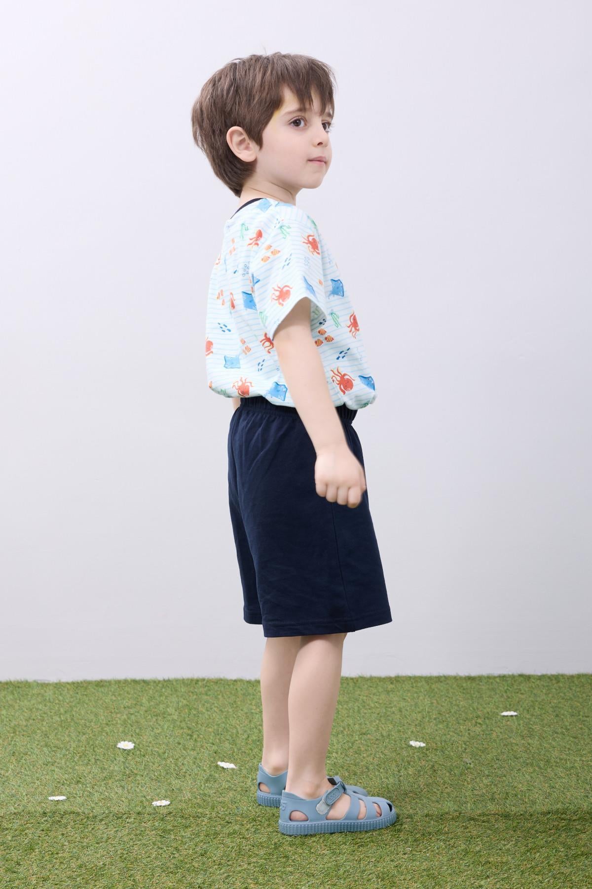 Erkek Çocuk Şortlu Takım Ahtapot Desenli Kısa Kollu Tişört & Şort Yazlık Takım