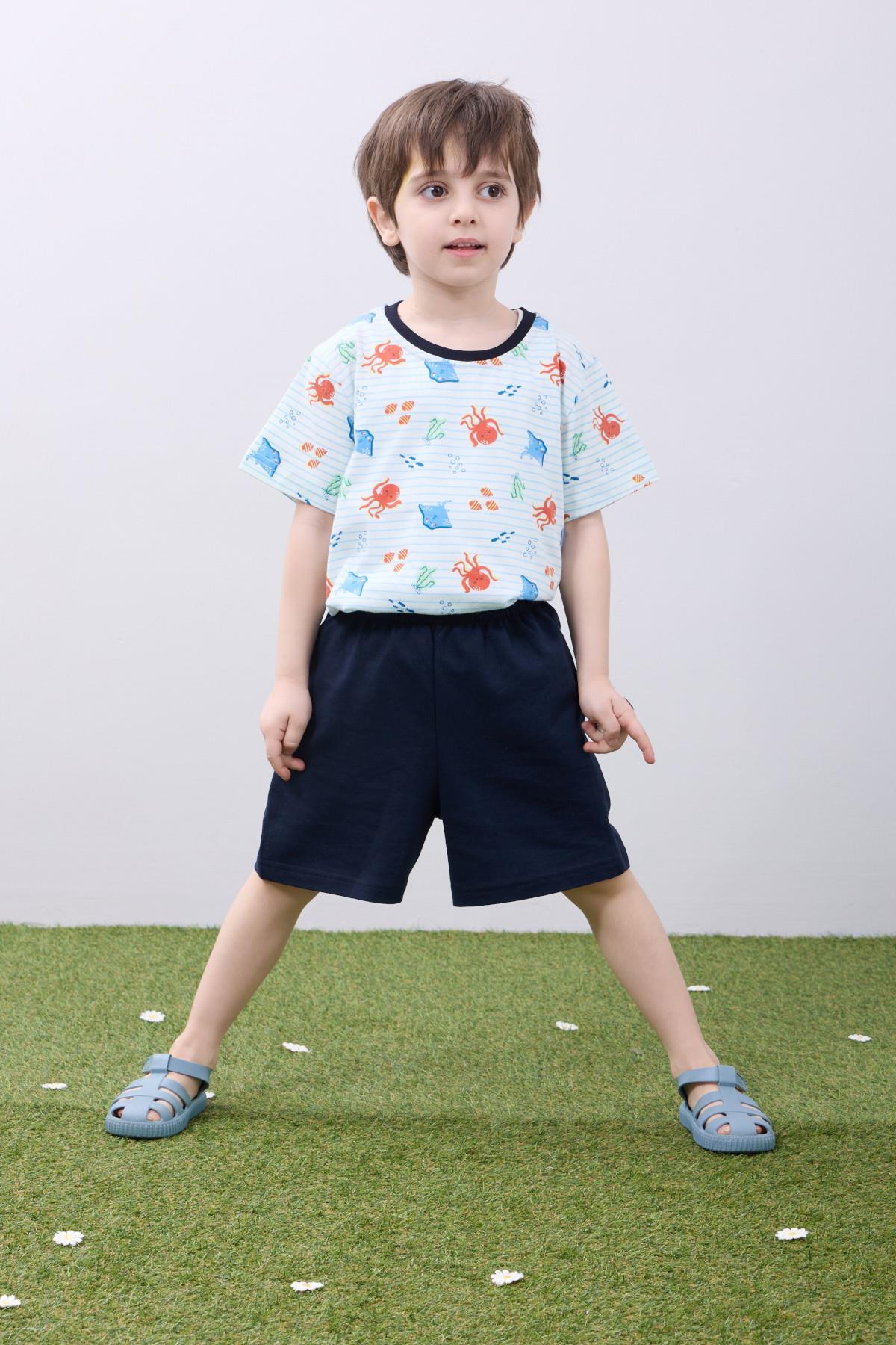 Erkek Çocuk Şortlu Takım Ahtapot Desenli Kısa Kollu Tişört & Şort Yazlık Takım