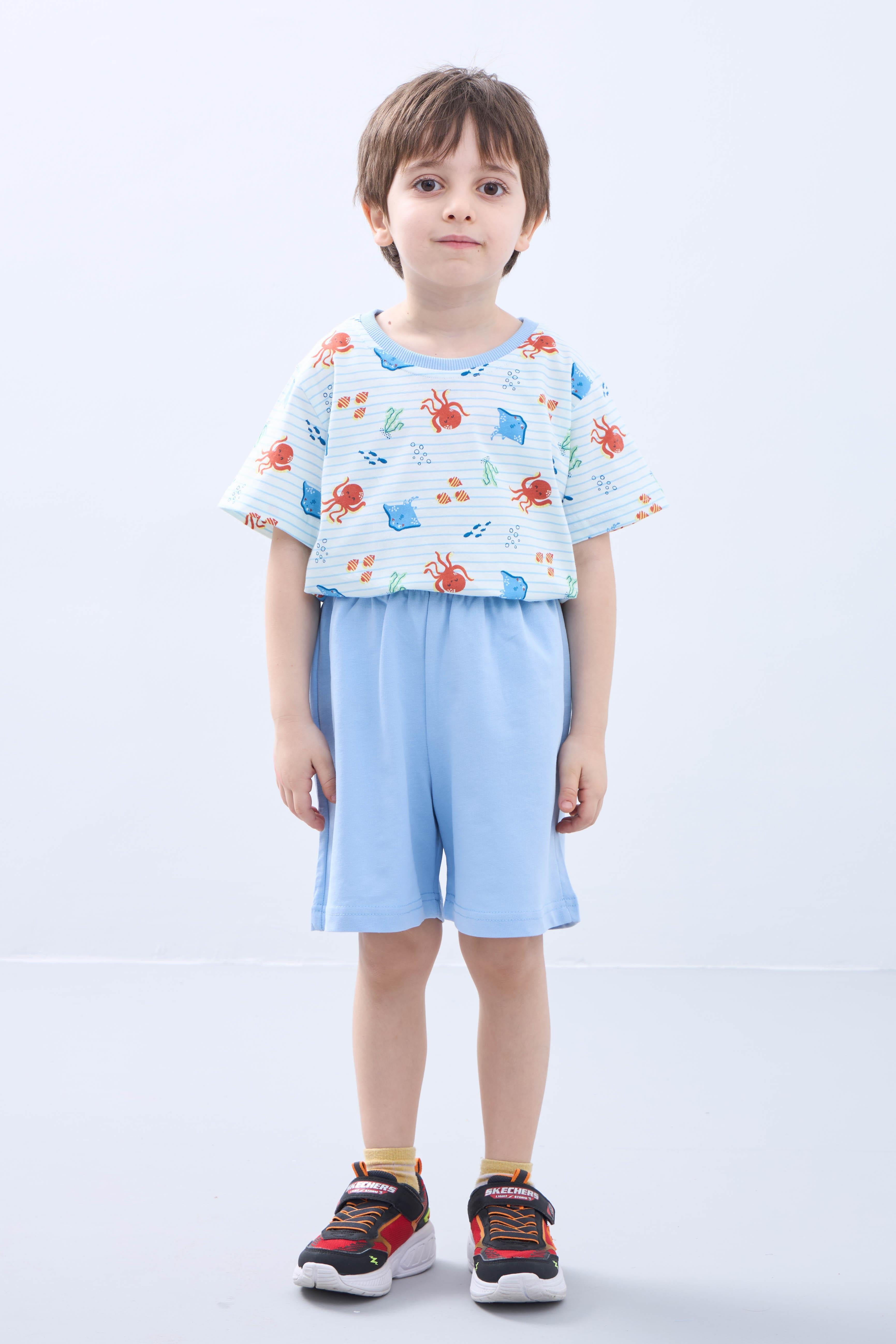 Erkek Çocuk Şortlu Takım Ahtapot Desenli Kısa Kollu Tişört & Şort Yazlık Takım