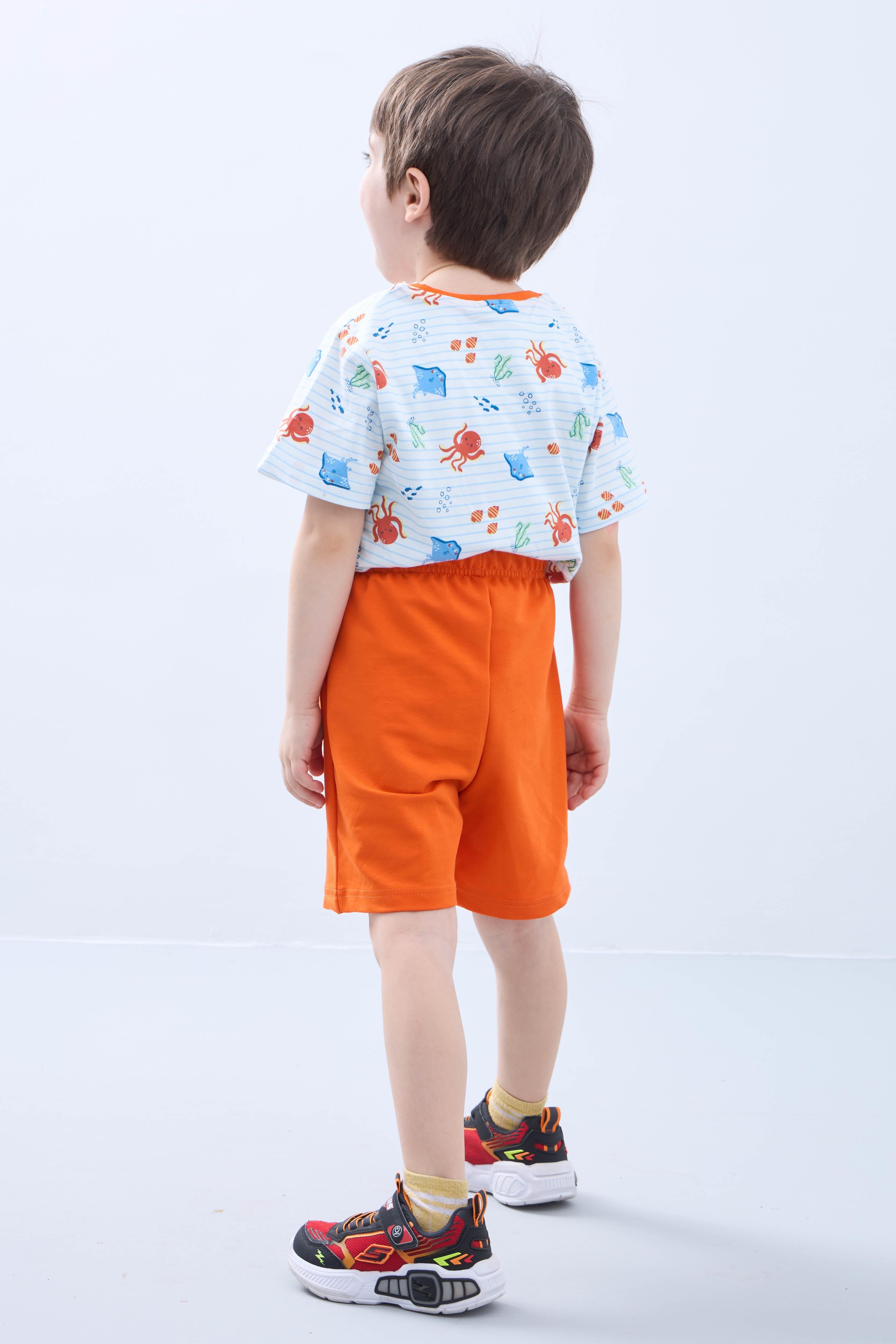 Erkek Çocuk Şortlu Takım Ahtapot Desenli Kısa Kollu Tişört & Şort Yazlık Takım
